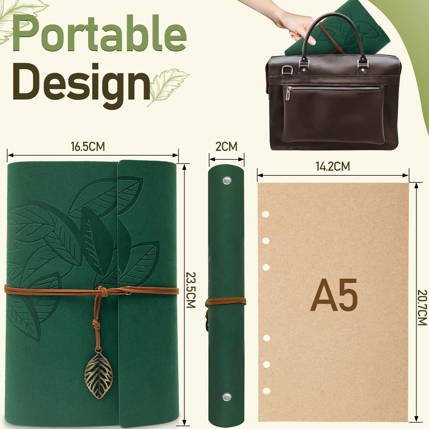 Taccuino Diario in PU Pelle Vintage Ricaricabile A5 Verde con Carta Kraft