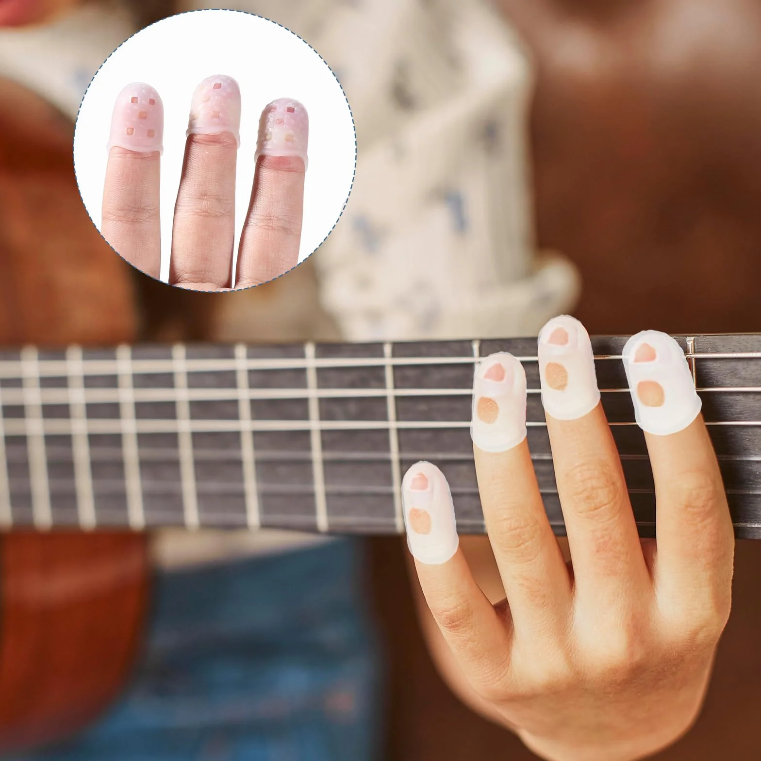 Protezioni per dita chitarra silicone antiscivolo 5 misure con plettri per chitarra ukulele trasparente