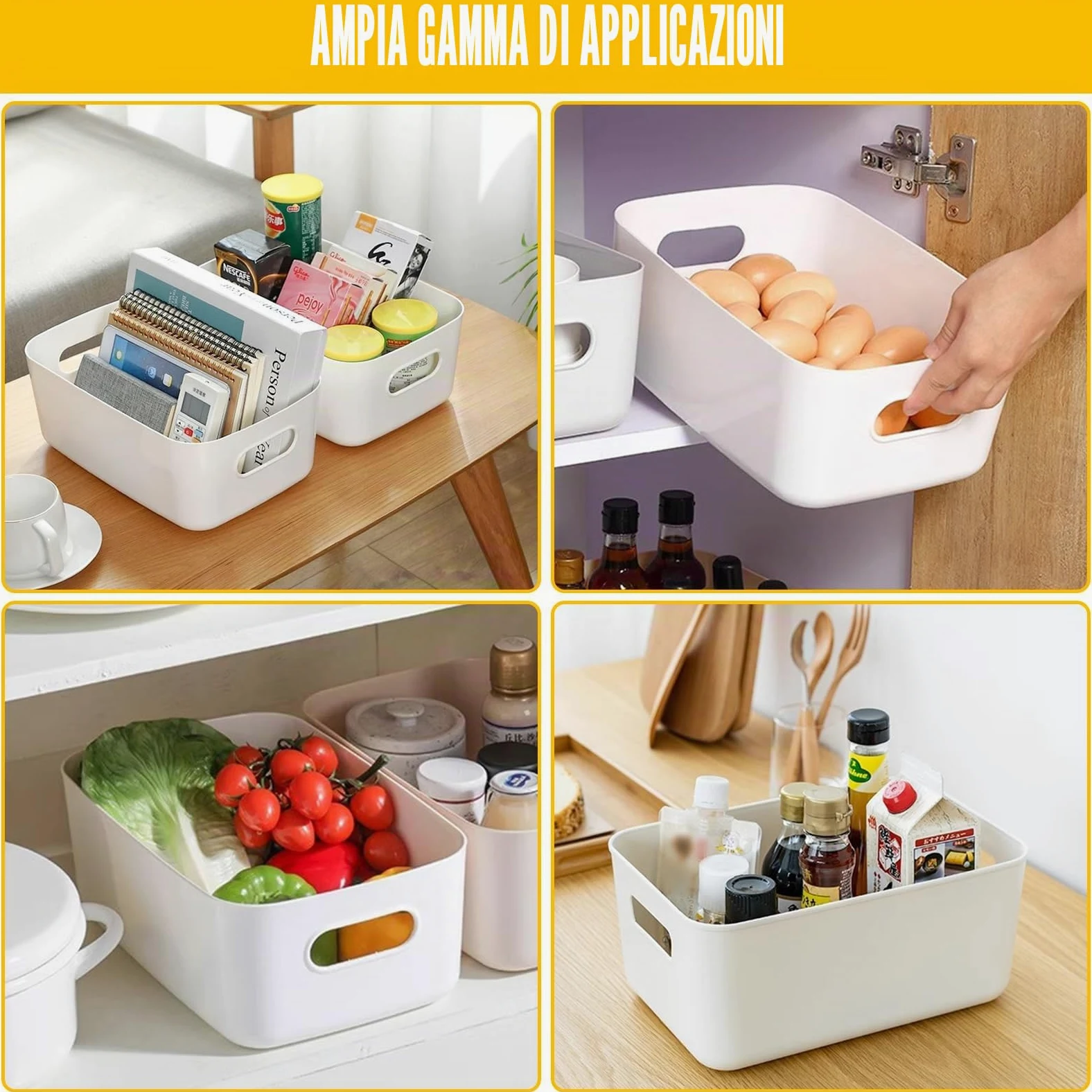SHUESS 10 scatole portaoggetti in plastica, 30 x 20 x 12,5 cm, grandi cesti bianchi, scatole portaoggetti in plastica con manico, scatole impilabili per cucina