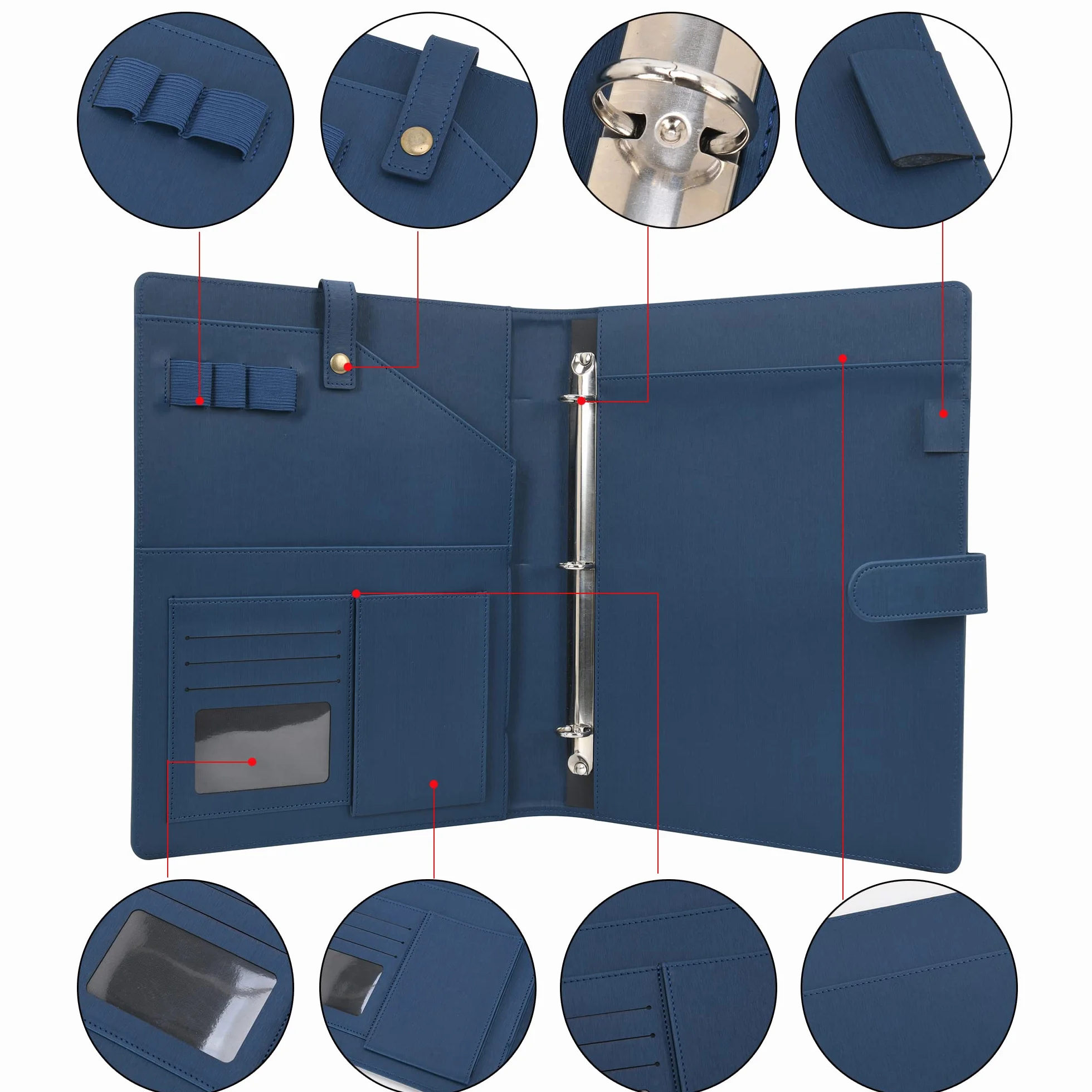Wonderpool Cartella per Documenti in Pelle A4, Raccoglitore ad Anelli Rimovibile con Portablocchi e Organizzatore, Blu scuro