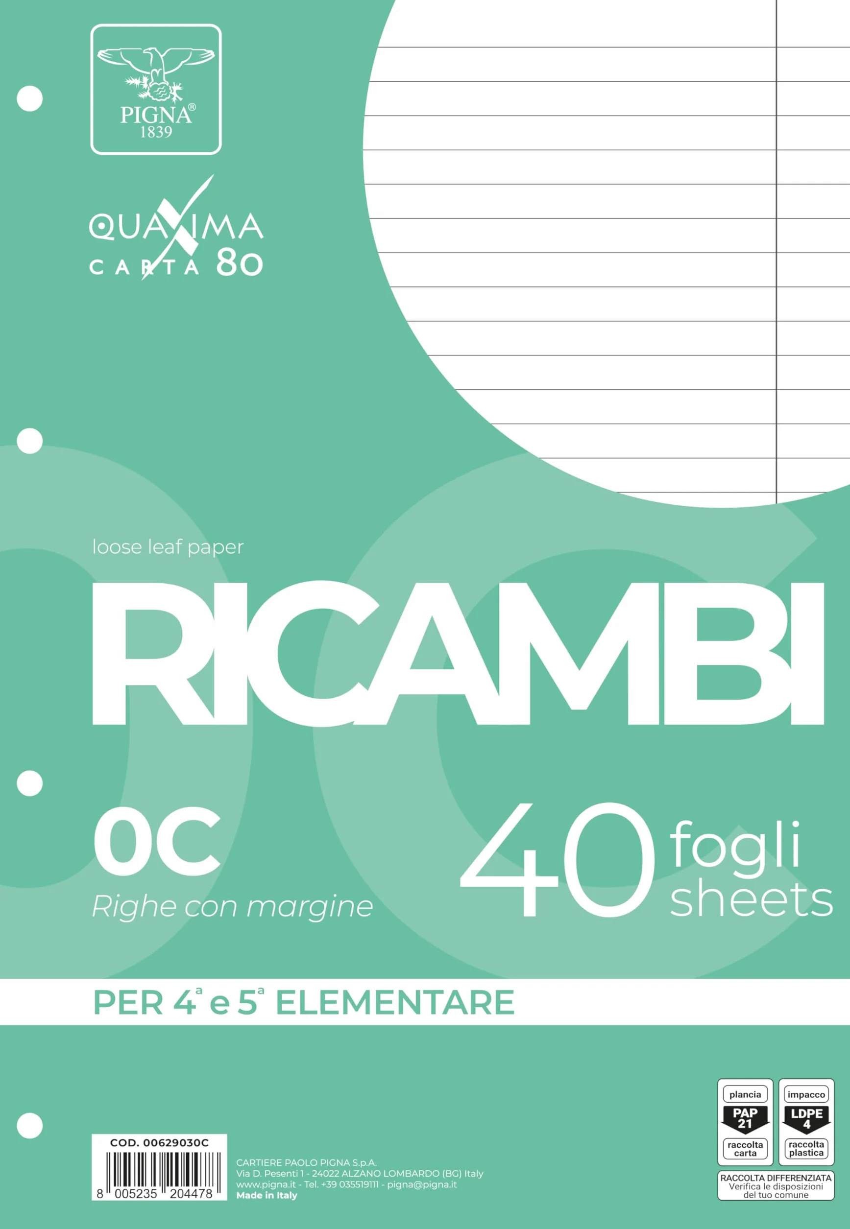 Pigna Fogli A4 21x29,7 righe con margine Confezione da 40 Ricambi 4 fori