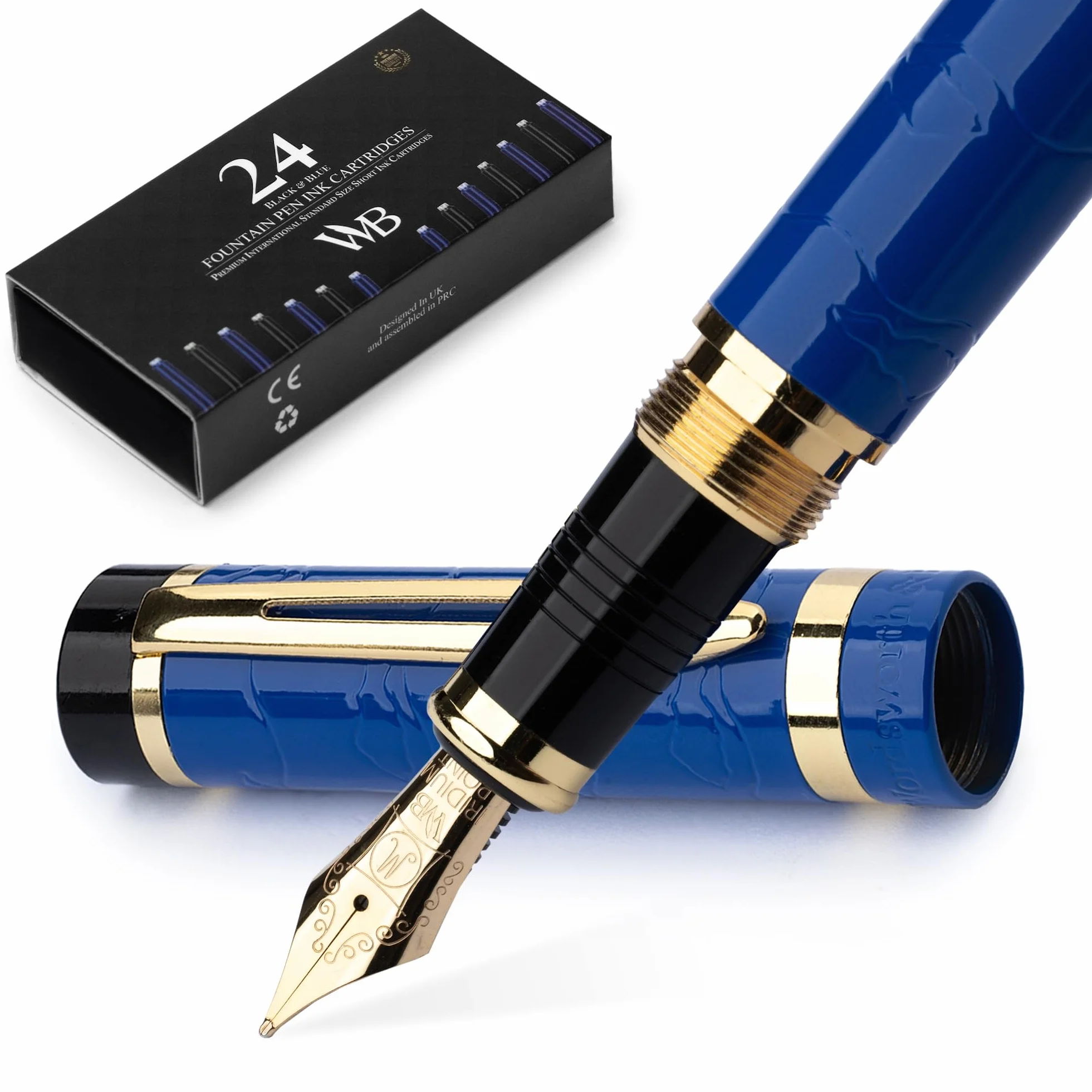 Wordsworth & Black Set di penne stilografiche Primori [Oro Blu]; pennino medio, scatola regalo, 24 cartucce di inchiostro, convertitore di ricarica, manuale; agenda, set calligrafia
