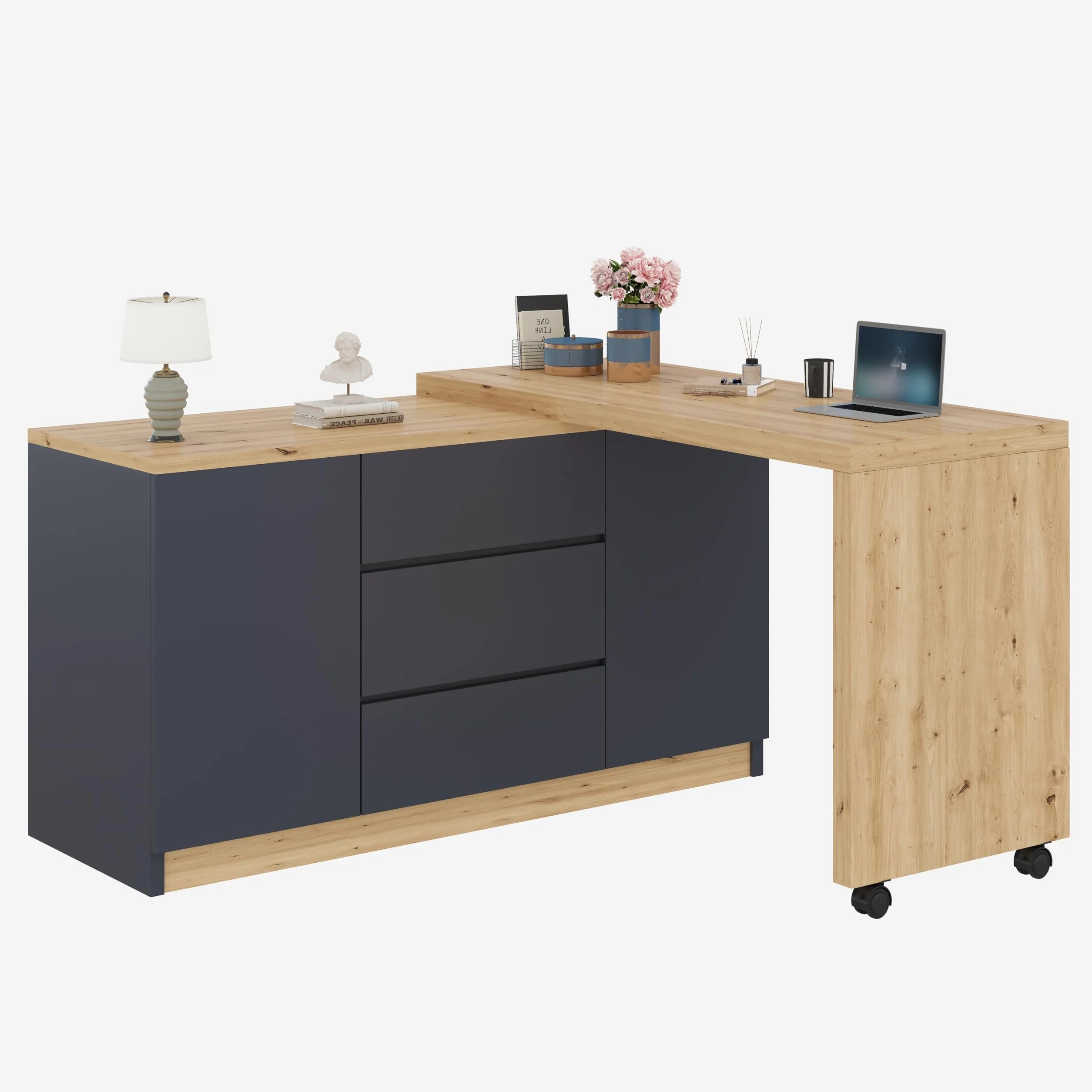 Scrivania con ruote bloccabili, design multifunzionale, 4 cm di spessore, piano girevole bloccabile, scrivania pieghevole, scrivania angolare, credenza (grigio + rovere)