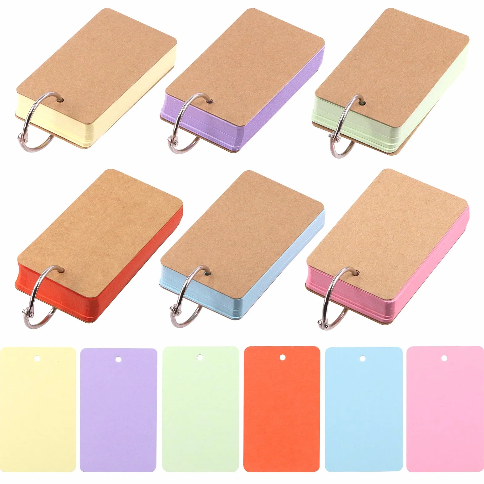Swpeet 300 fogli schede colorate con anelli rilegatura 5,3 x 8,9 cm 6 colori flash card scuola apprendimento memoria