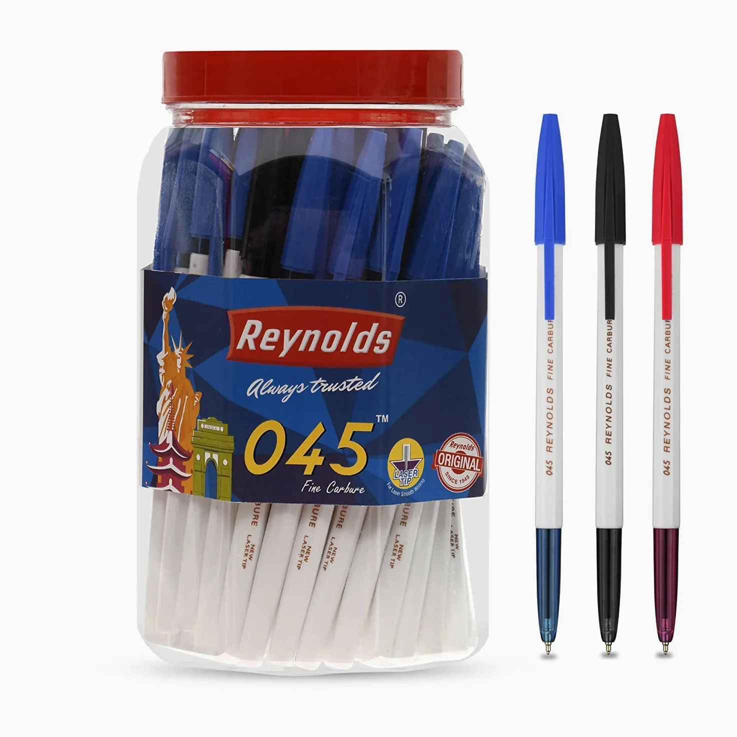 Reynolds Set di penne a sfera 045, 50 penne (35 blu, 10 nere, 5 rosse), penne con impugnatura comoda, penne a sfera per scrivere, penne per studenti e cancelleria da ufficio, dimensioni punta 0,7 mm