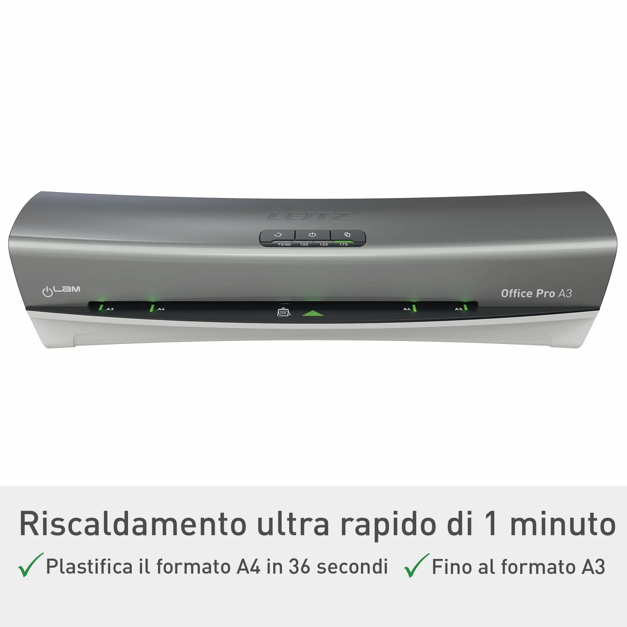 Leitz iLAM Office Pro Plastificatrice A3 ? Riscaldamento ultra-rapido in 1 min, 75-125 mic, anti-inceppamento, spegnimento automatico, include 5 pouch A4 per plastificazione, grigio-bianco, 75180084