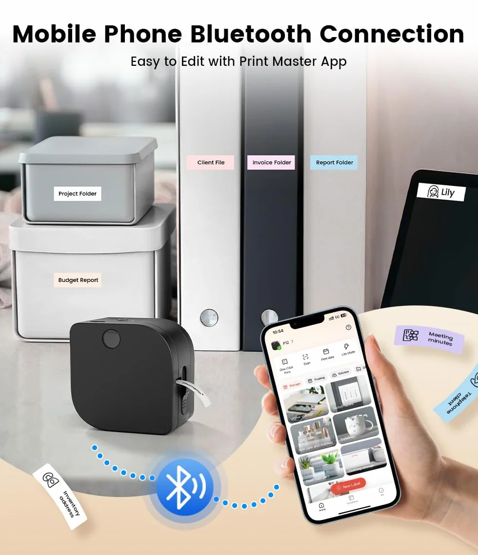 Phomemo P12-Pro - Stampante per etichette Bluetooth, monocromatica, termica, con 3 nastri per etichette, ricaricabile USB, per casa e ufficio