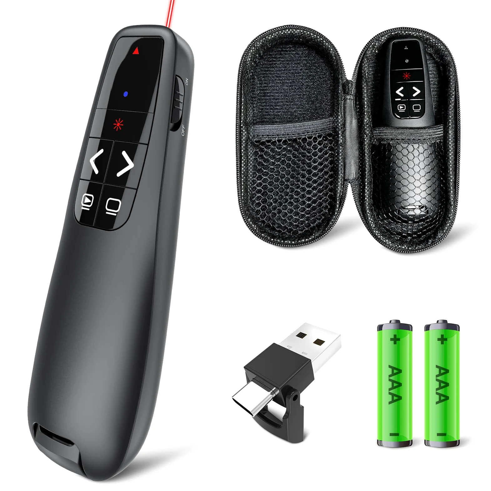 Presentation Clicker with Case Storage: Wireless Presenter Remote: Red Laser Pointer Computer Clickers, USB C PowerPoint PPT Clicker for Mac Laptop, Slideshow Google Slide Advancer