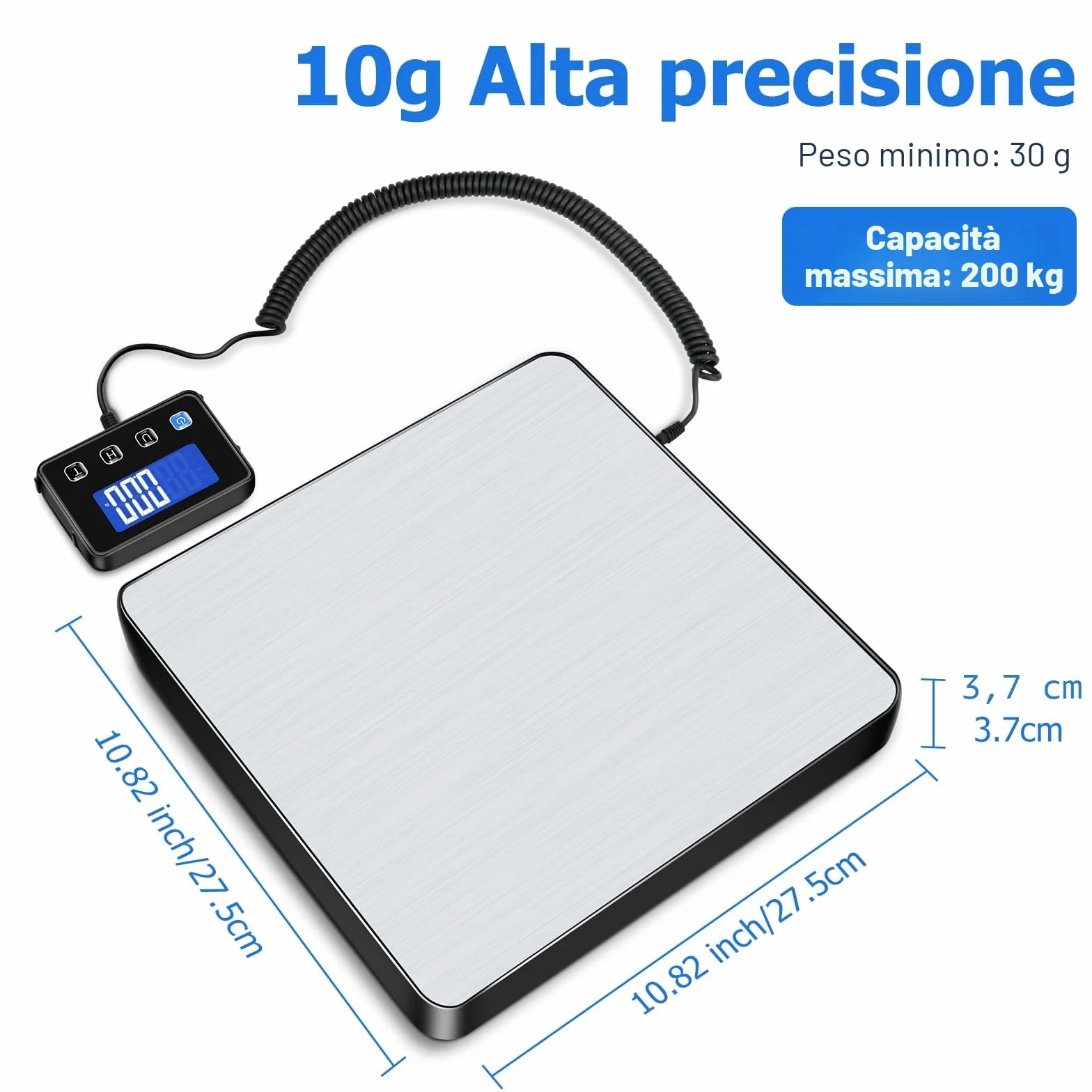 Bilancia Pesa Pacchi 200kg / 10g Alta Precisione LCD Hold Tara Acciaio Inossidabile