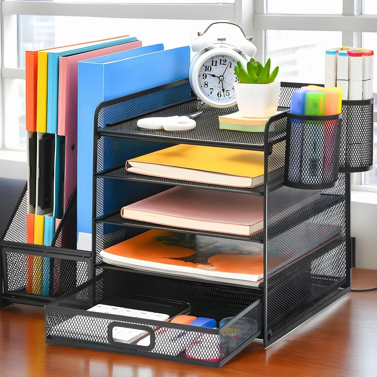 Organizzatore Scrivania Cassetto in Rete Portadocumenti Metallico da Tavolo | Contenitore Antiscivolo per Penne, Documenti e