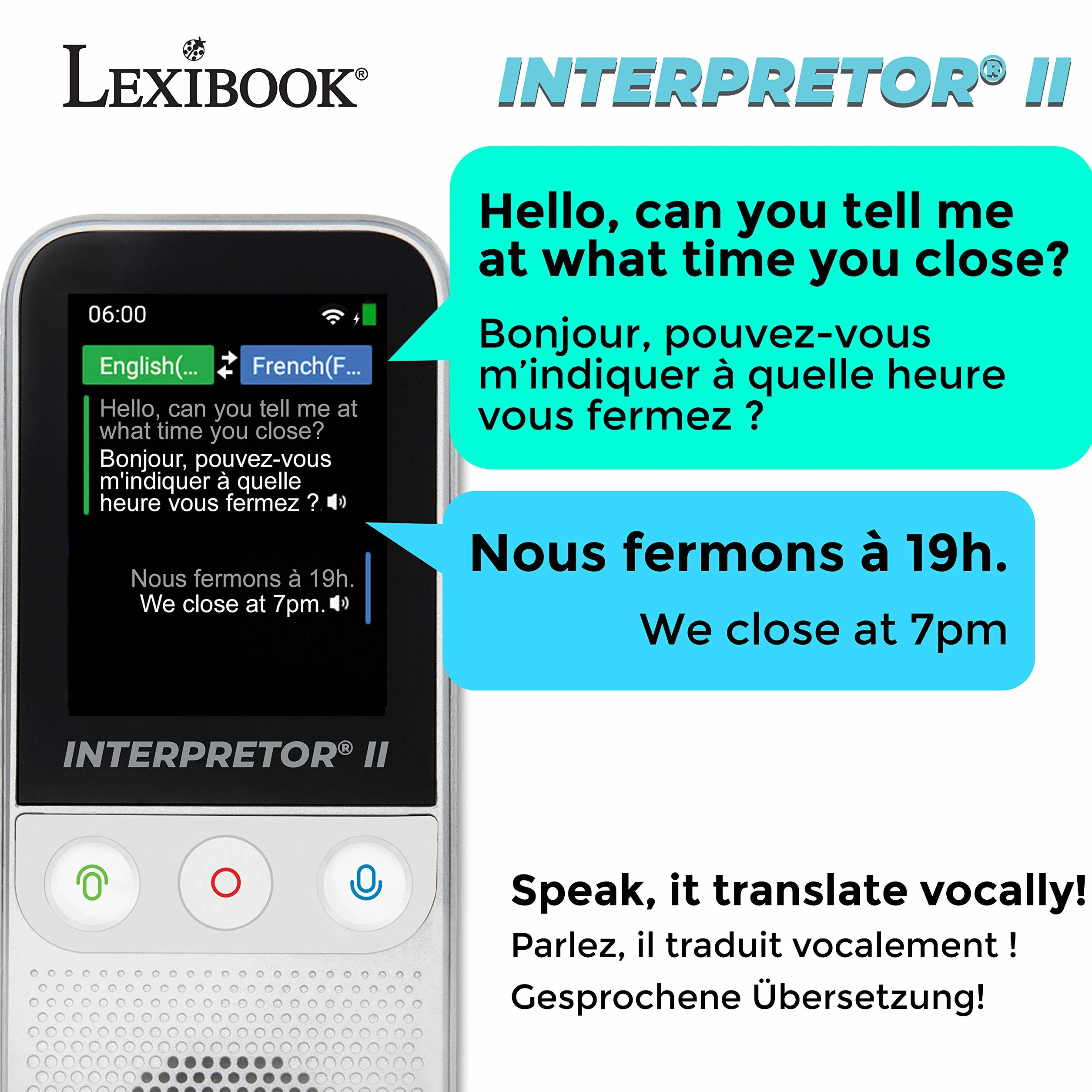 Lexibook, Interpretor 3, Traduttore vocale istantaneo, 137 Lingue, traduzione di Foto e memo, traduttore multilingue Portatile e da Viaggio, Presa per Cuffie, Wi-Fi e Offline, NTL3000