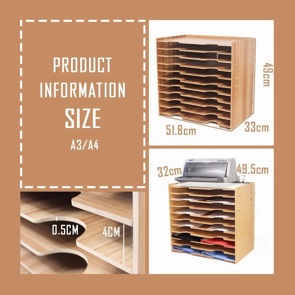 Vassoio Portadocumenti in Legno Formato A3 con Scomparti impilabili per scrivania, Design KT Cat (51,8x33x49 cm)
