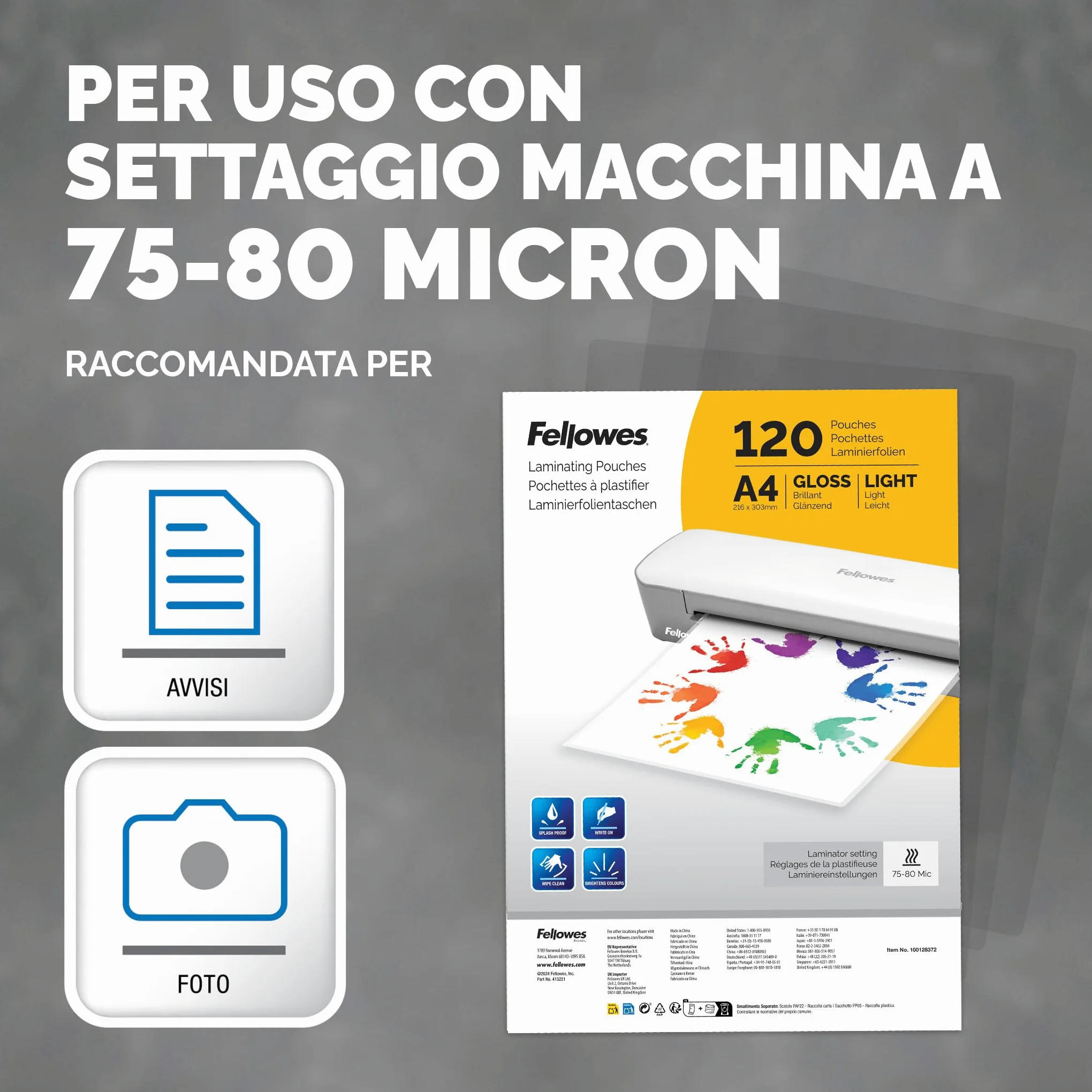 Fellowes plastificatrice Sola, formato A4, fino a 125 micron, uso domestico, con leva di sblocco e modalità riposo, [ESCLUSIVA AMAZON] + Pouches A4 per plastificazione, Finitura lucida, 120 fogli