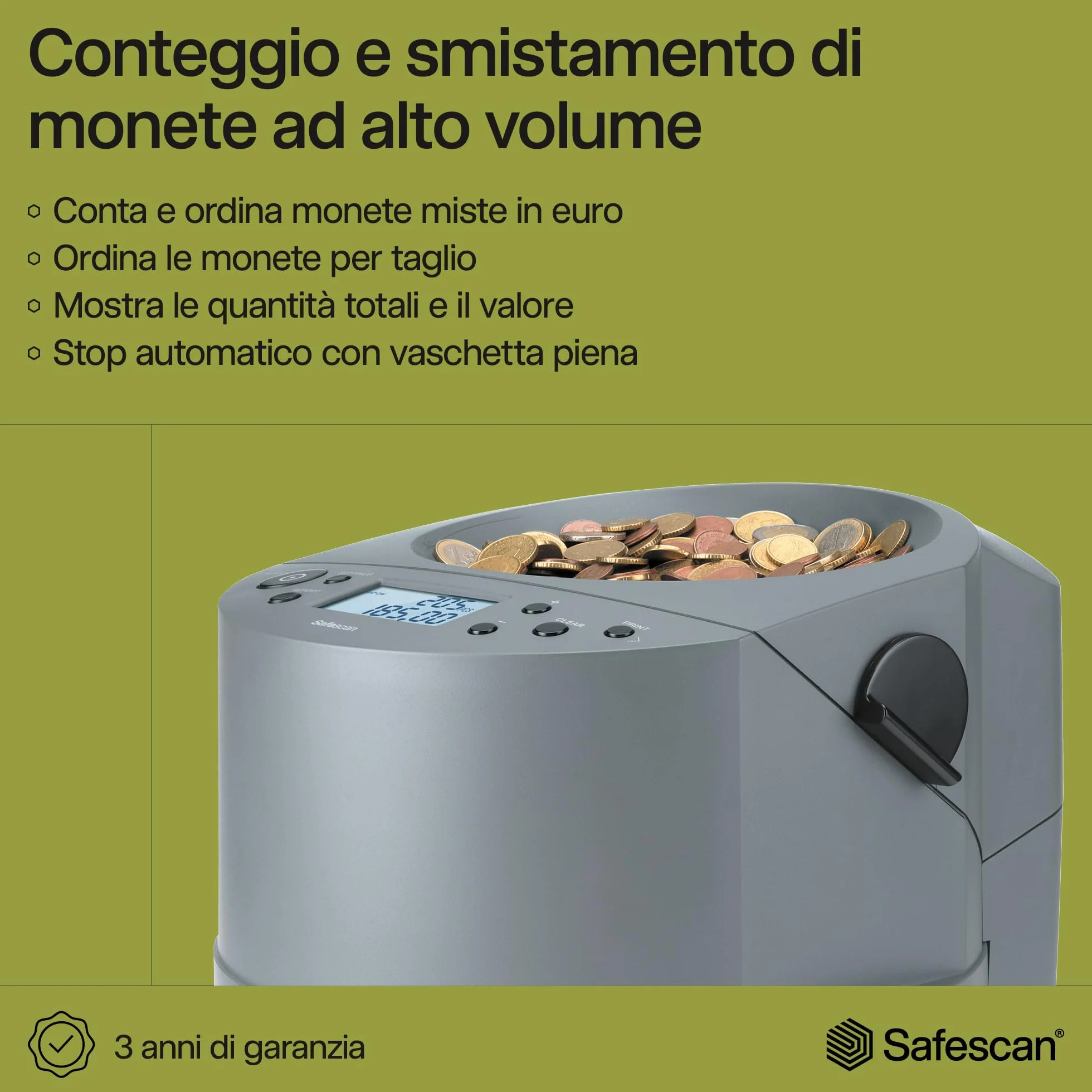 Safescan 1450 Contamonete che conta e smista velocemente grandi volumi di monete miste in euro - Contamonete che smista le monete per taglio - Contamonete per il conteggio continuo delle monete