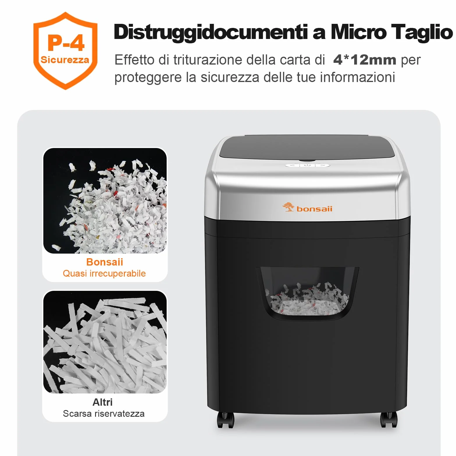 Bonsaii Distruggidocumenti da 120 fogli con alimentazione automatica, taglio a particelle P-4, estremamente silenzioso con 62 dB, contenitore da 23 litri e 4 ruote, trituratore a microtaglio