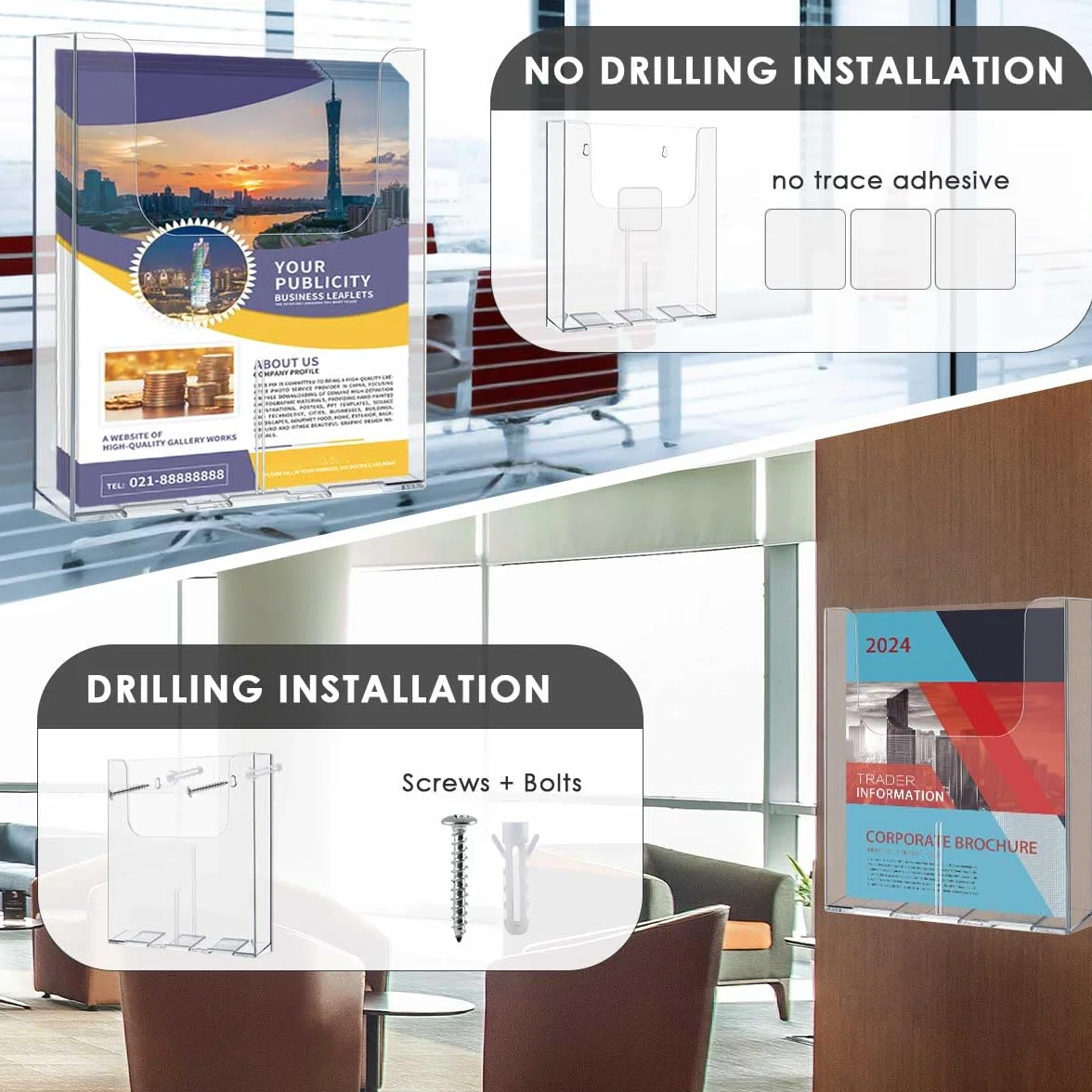 OTYMIOW Porta Volantini da Parete Trasparente 2PZ Porta Brochure A4 Porta Depliant A4 Vetro acrilico con 7 Viti Espositore per Brochure Volantini da Montare a Parete Supporto da Parete per Cataloghi