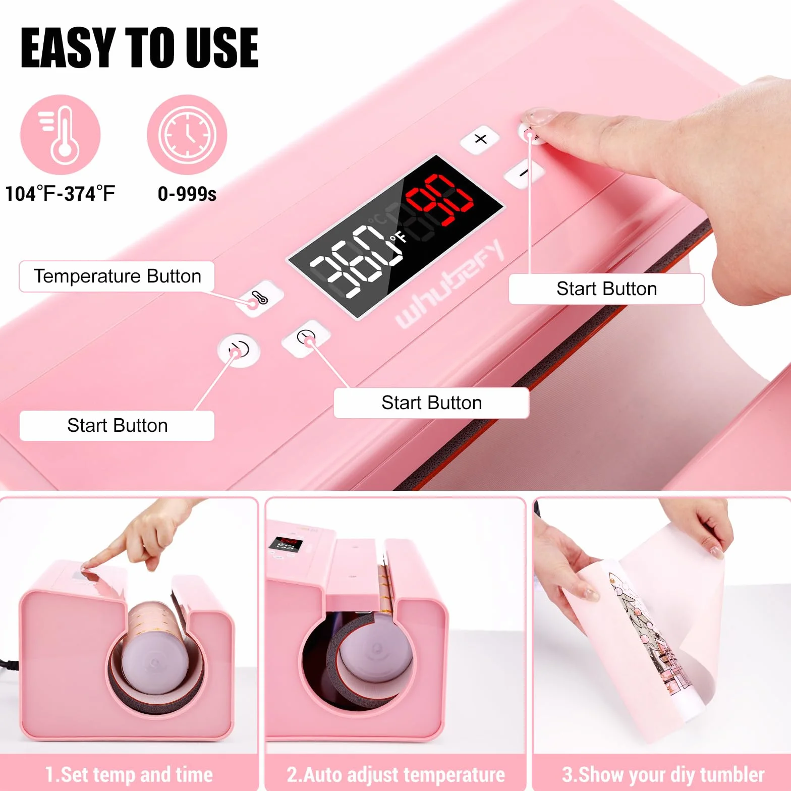 Pressa automatica per tazze, tazze, tazze, tazze da caffè, borracce e borse, controllo preciso dell'ora e della temperatura, regolazione della pressione premendo un pulsante (rosa)