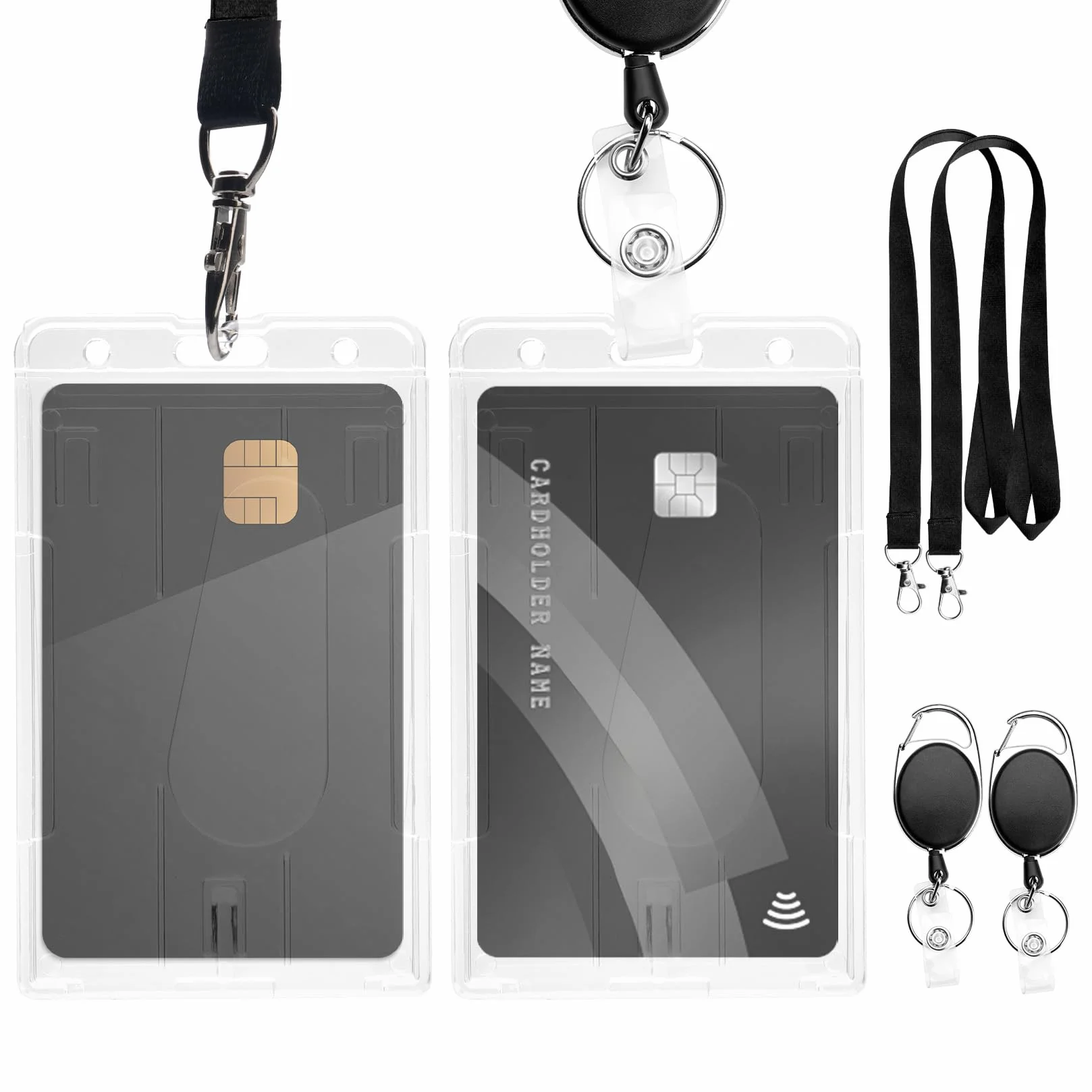 Porta Badge Retrattile con Cinturino, Portabadge Collo, Porta Tessere Custodie Trasparenti con Portachiavi Allungabile Filo Acciaio, 2 Set