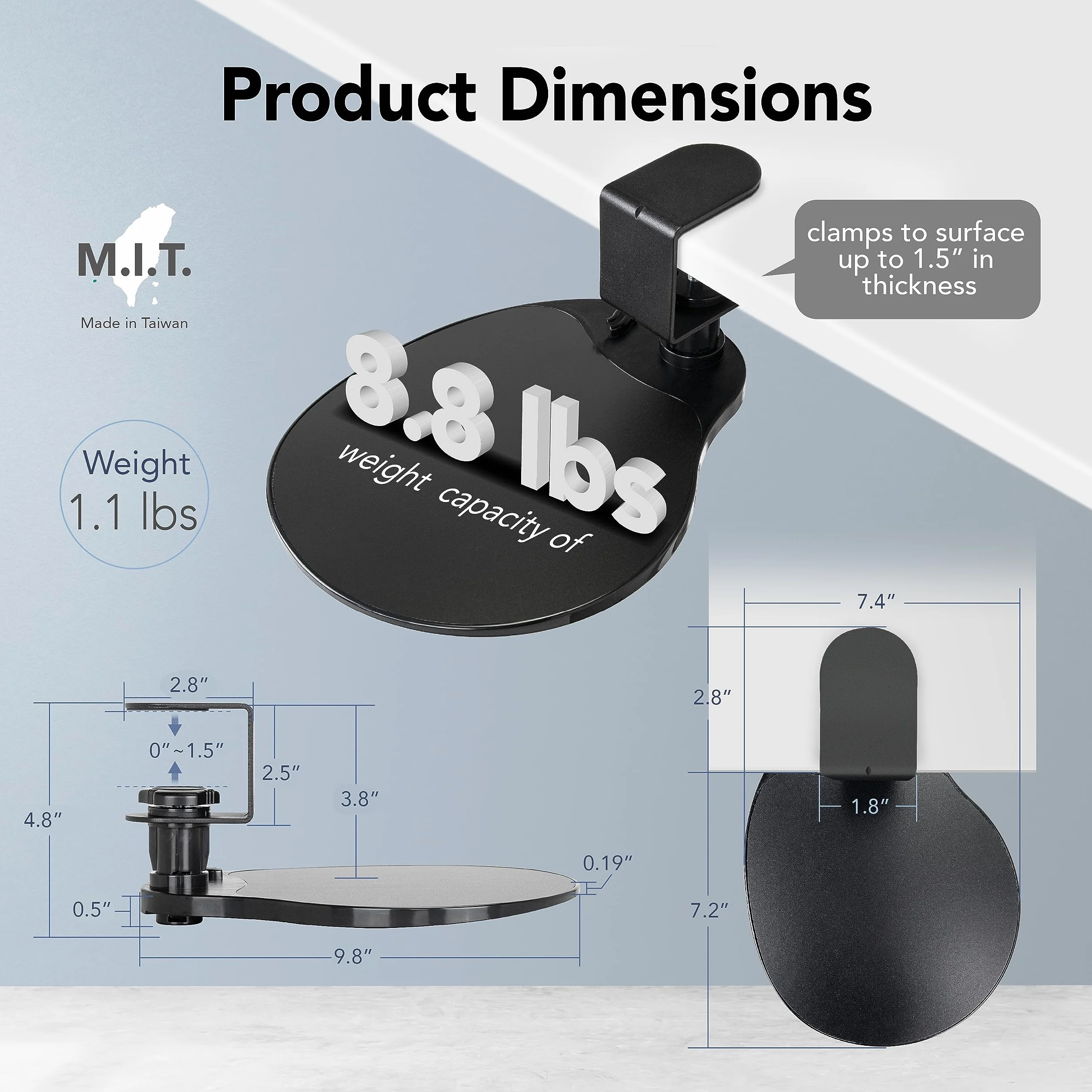 EHO Morsetto sulla piattaforma del mouse, clip on pad rotante a 360 gradi, supporto ergonomico per mouse, tappetino per mouse, vassoio estraibile, adatto per scrivania di spessore 3,8 cm, per