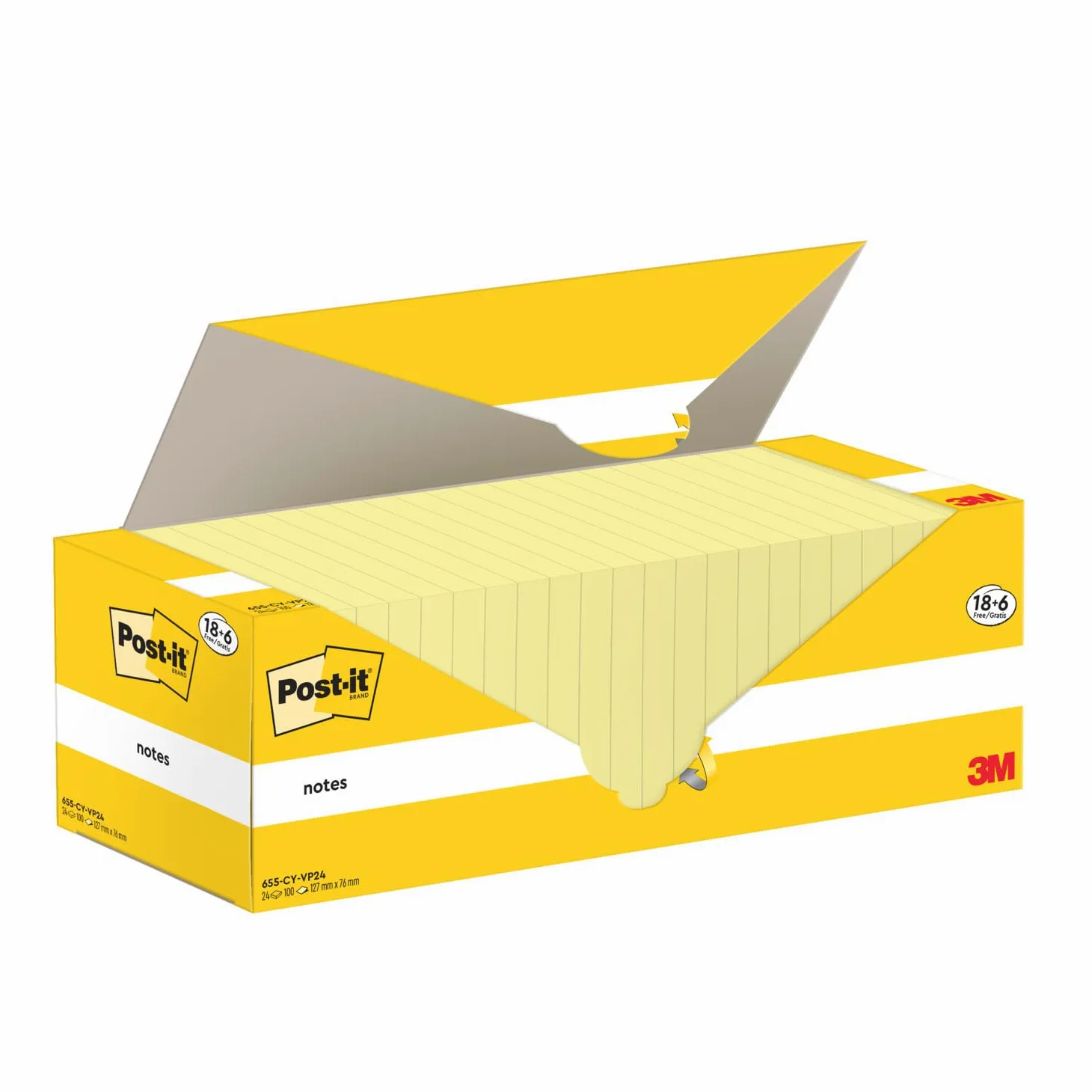 Post-it Foglietti Canary Yellow, Confezione da 18 blocchetti + 6 GRATIS, 100 Fogli per blocco, 76 mm x 127 mm, Colore Giallo - Foglietti Adesivi Fogli Adesivi per Appunti, Elenchi & Promemoria