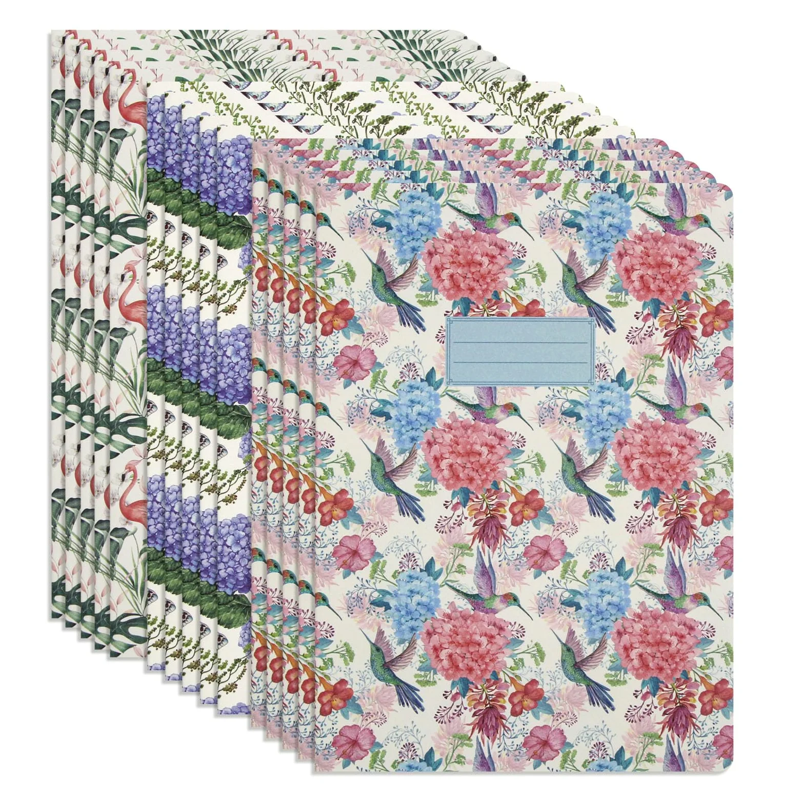 Quaderni a righe A4 con copertina morbida, confezione da 15 (210 x 297 mm, 64 pagine, 70 g/m²). Serie floreale tropicale: Flamingo Glow, Hummingbird Bloom, Butterfly Dew (5 ciascuno). Perfetto