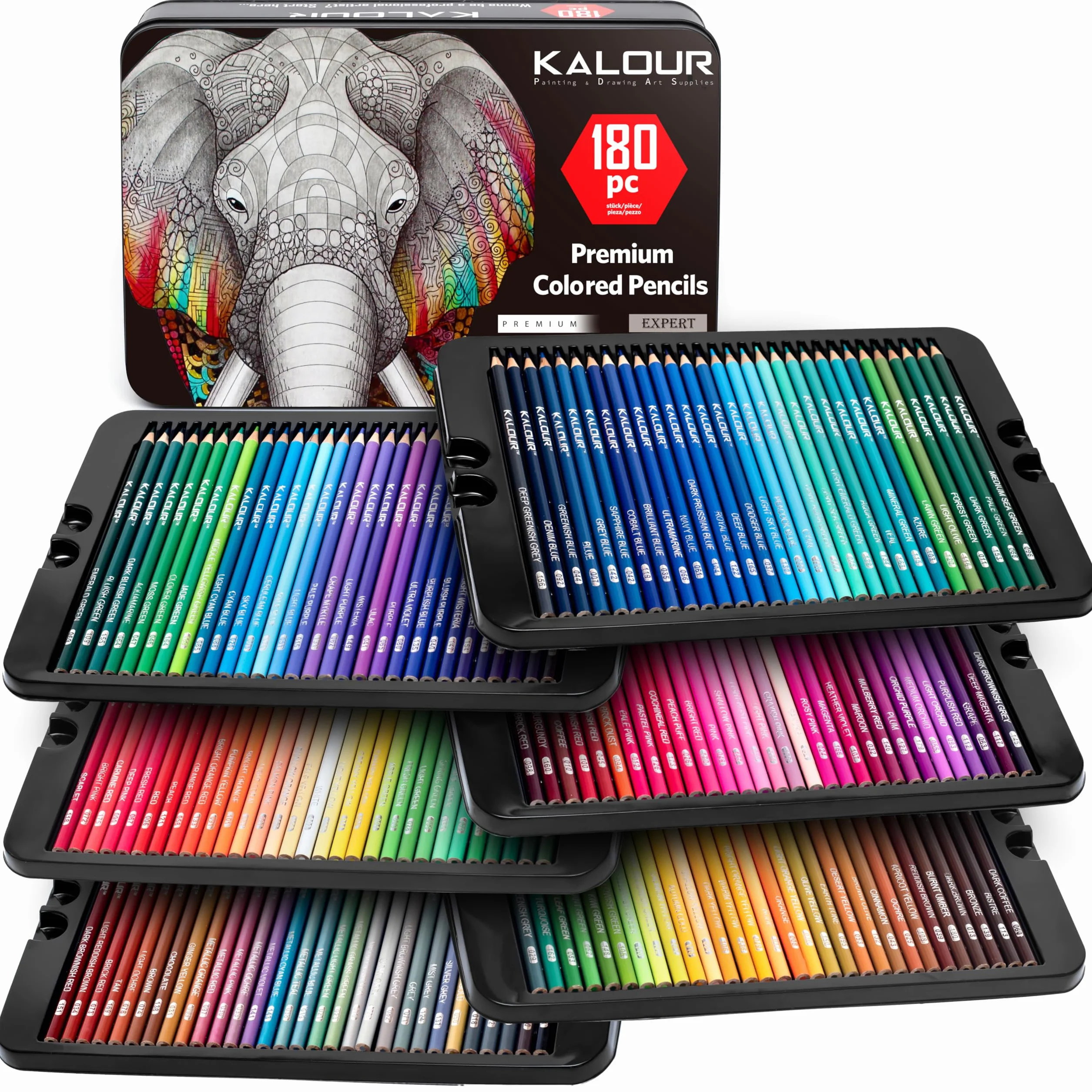 KALOUR Set di 180 matite colorate per adulti e artisti ricco pigmento a base di 12 matite metalliche a base di cera ideale per colorare disegni schizzi sfumature colori vivaci in astuccio di latta