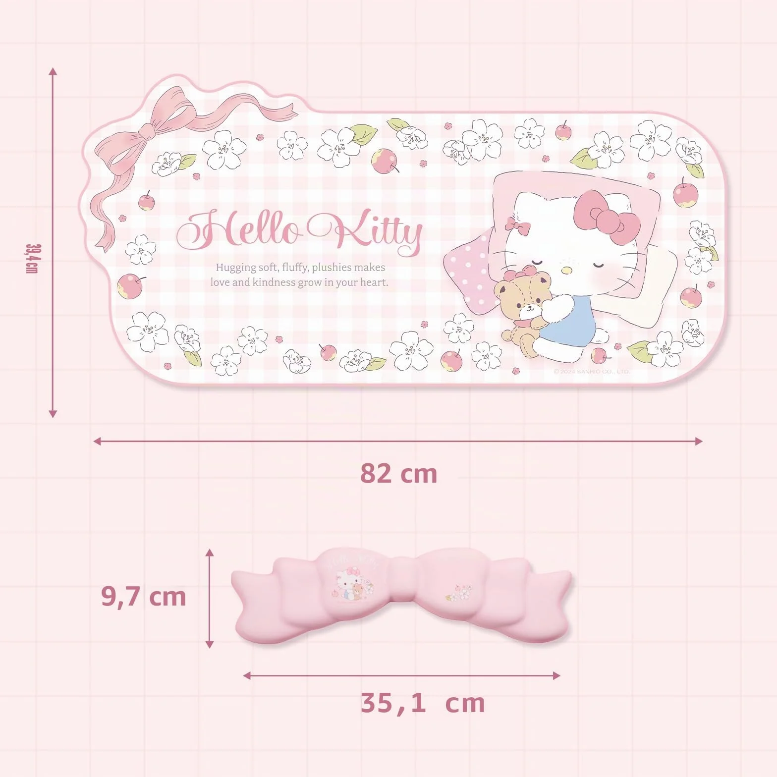 Kuitmor Set Tappetino Anime Kawaii con Supporto Polsi - Tappetino Antiscivolo e Cuscino Polsi Memory Foam a Fiocco per Tastiera e Mouse, Ideale per Gaming e Ufficio Casa - Hello Cat (Rosa)