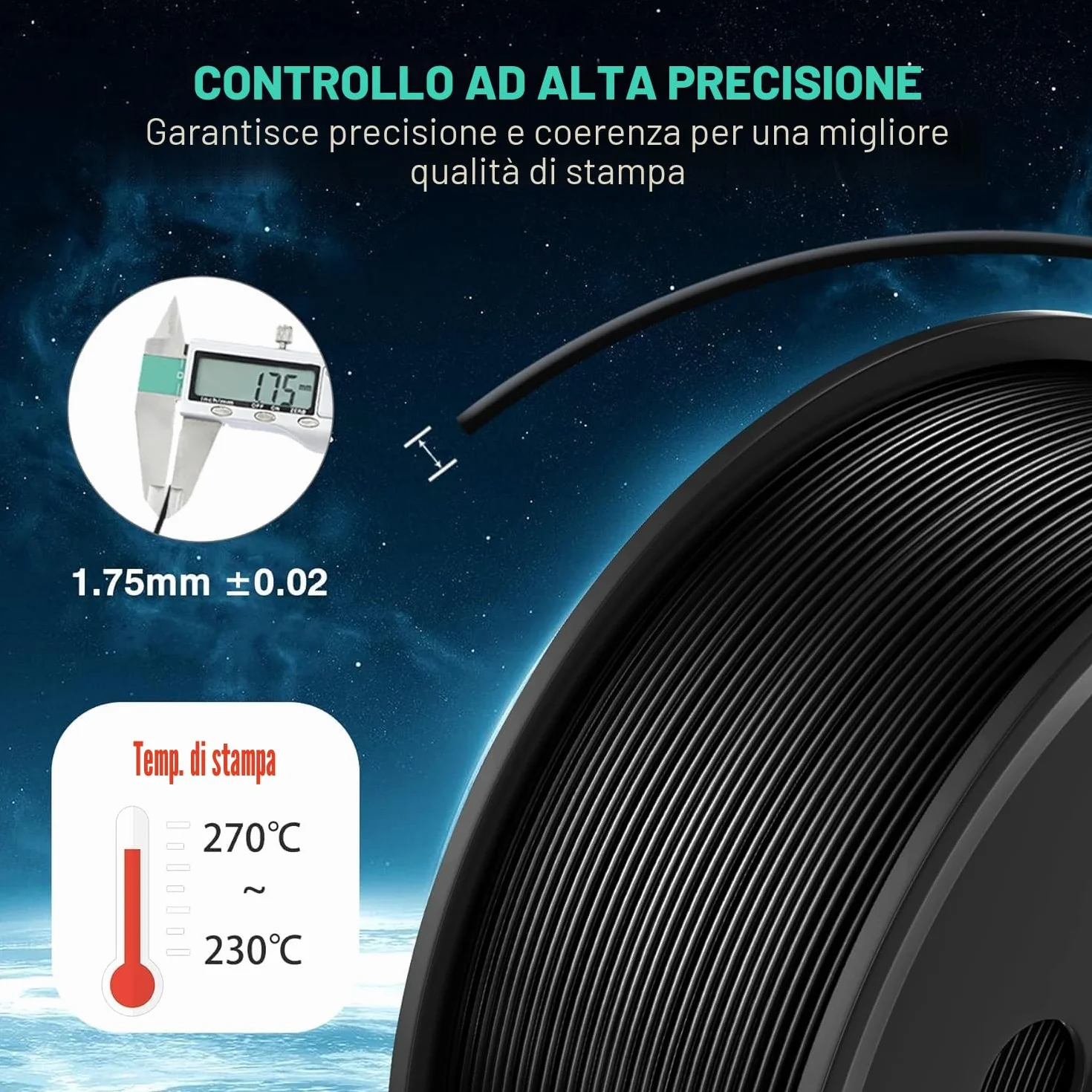 SUNLU ABS Filamento 1,75mm Resistente alle alte Temperature Stampante 3D Bobina 1 kg Nero