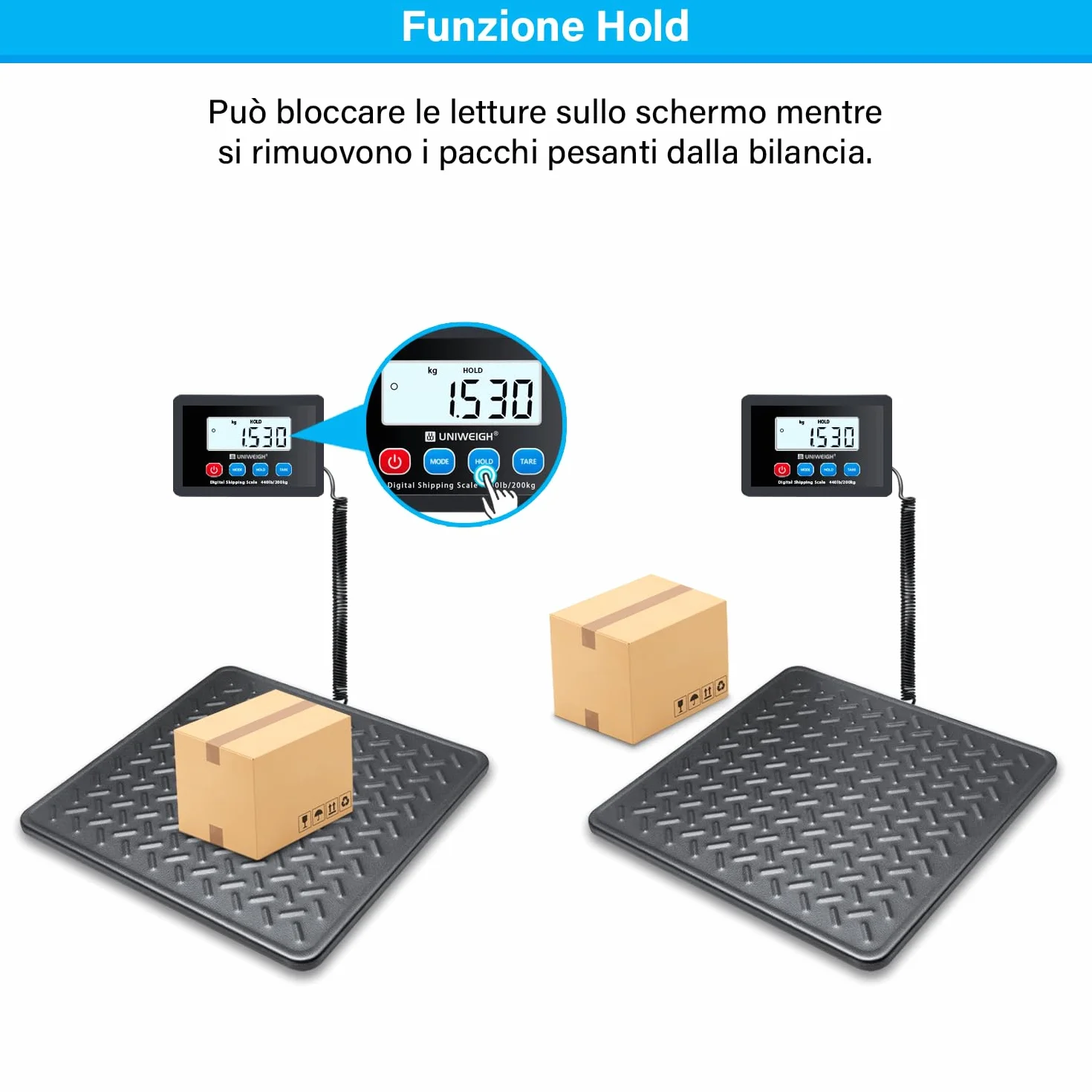 UNIWEIGH Bilancia postale 440lbs x 10g, piattaforma in lega d'acciaio, LCD Hold Tara