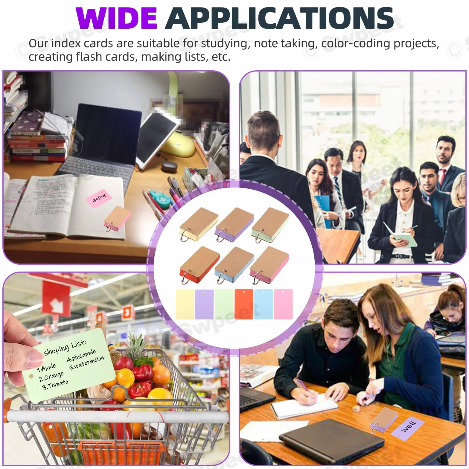 Swpeet 300 fogli schede colorate con anelli rilegatura 5,3 x 8,9 cm 6 colori flash card scuola apprendimento memoria