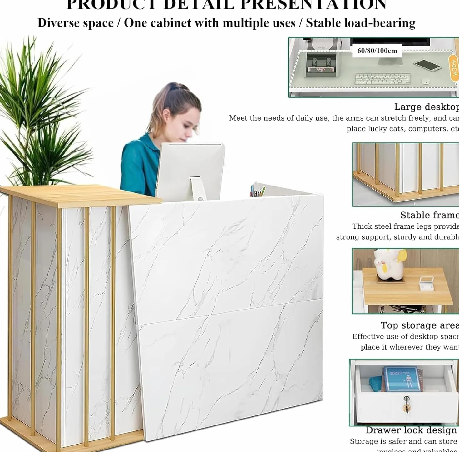 Bancone Reception Multiuso in Legno con 2 Cassetti e 2 Ripiani, Banco Cassa Moderno per Ufficio, Negozio, Salone di Bellezza, Hotel o Supermercato