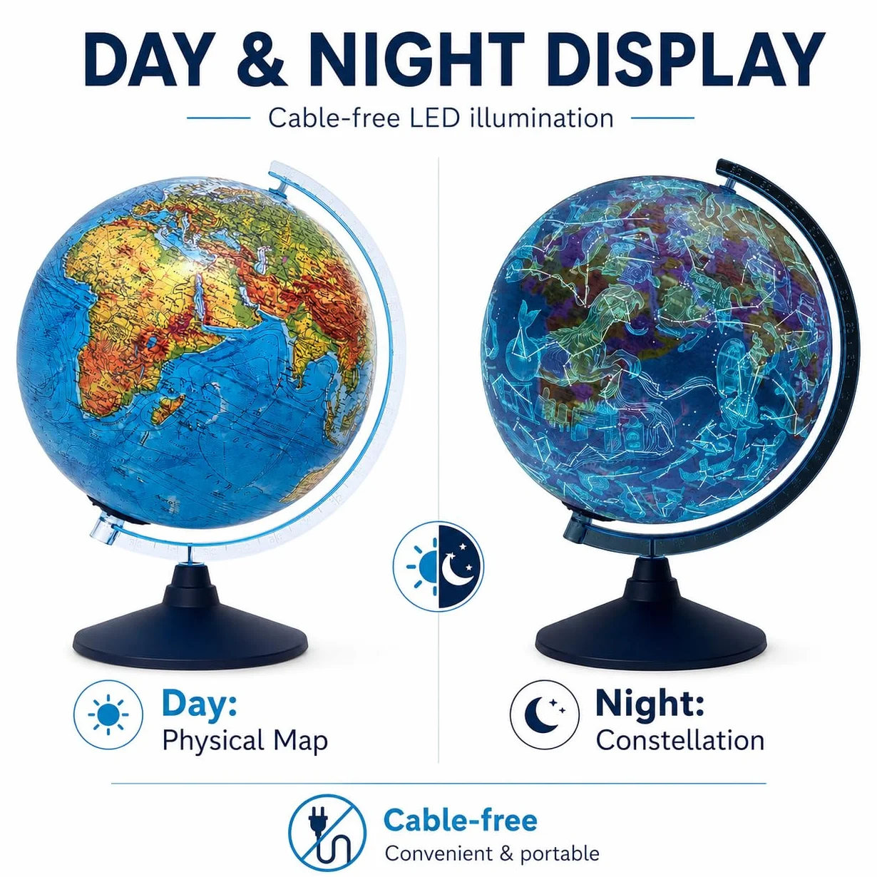 EXERZ 21cm Mappamondo Illuminato Con Illuminazione A LED Senza Cavi Giorno E Notte/Globo - in Inglese - Mappa Fisica (Giorno) - Constellazione (Notte) - App di Realtà Aumentata iOS