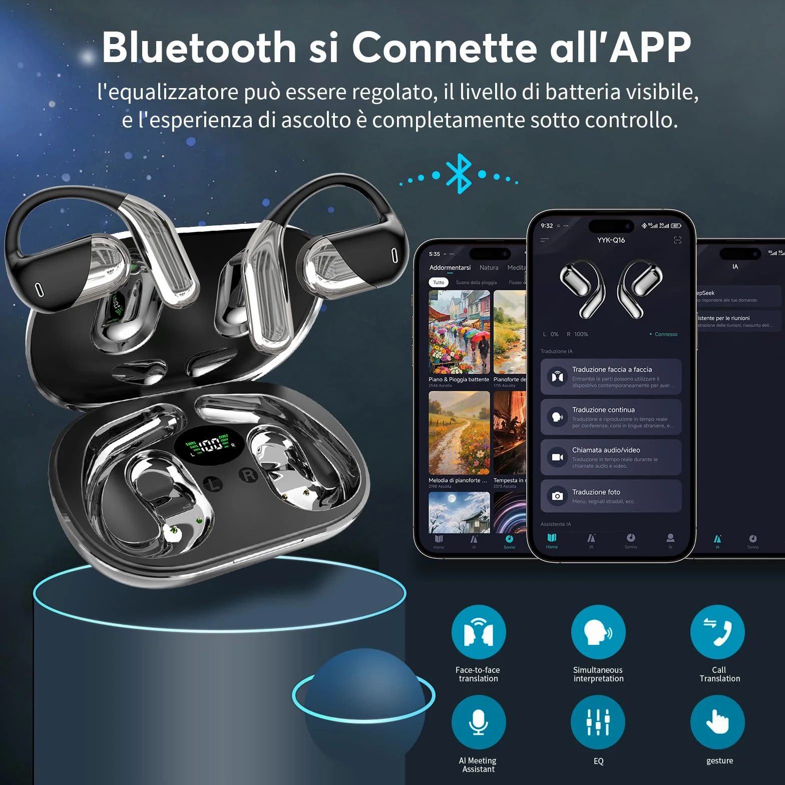 Paekole AI Cuffie Traduzione Simultanea, 2026 Auricolari Bluetooth 6.1 Wireless, 4 in1 Cuffie Traduzione Bluetooth 60 ore con ENC, 198 Lingue Auricolari Traduttori Istantanei Vocali Gratuite