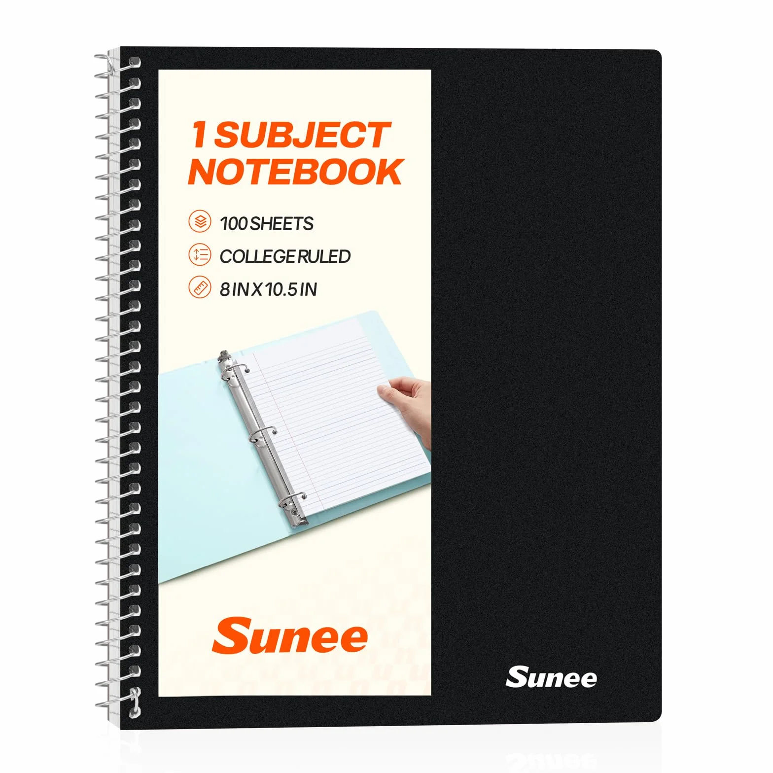 SUNEE Quaderno a spirale, 1 soggetto, carta a righe universitaria, 20,3 x 25,1 cm, 100 fogli per quaderno, carta perforata a 3 fori, copertina impermeabile, tasche fronte-retro, quaderni a spirale per