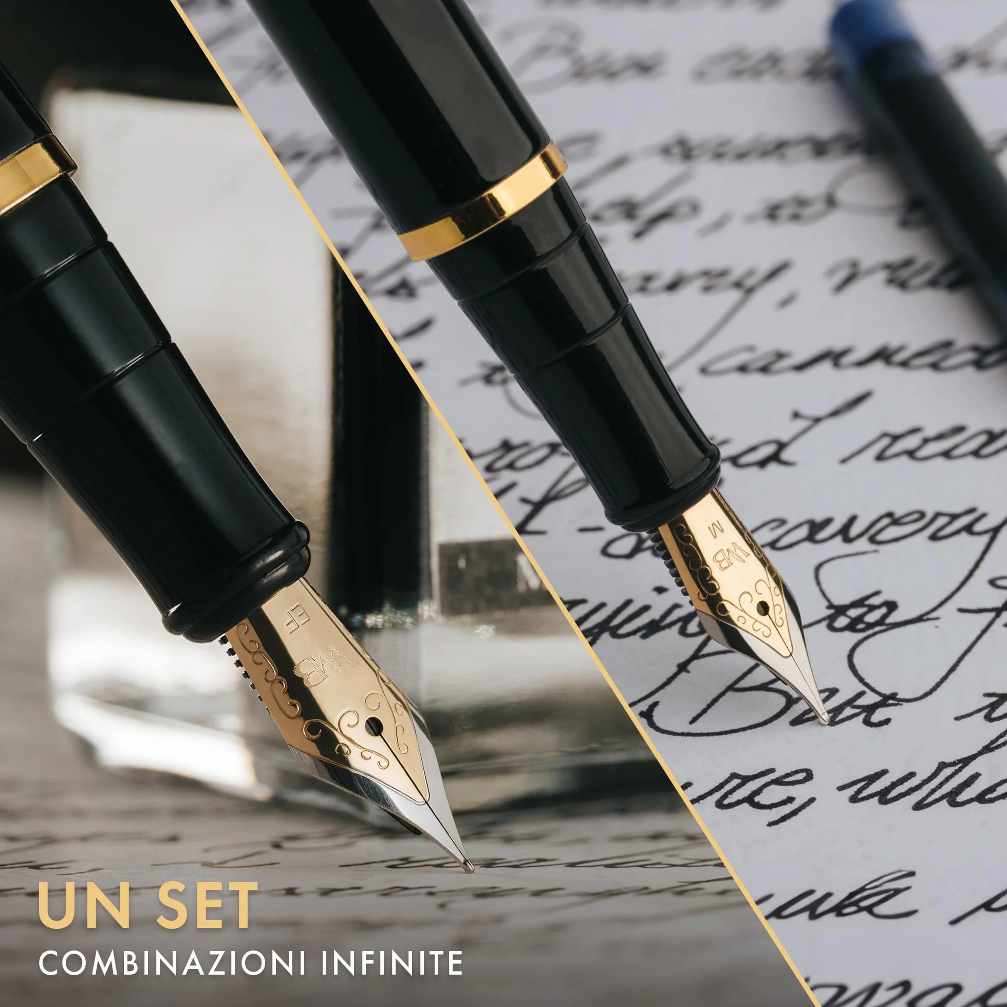 Wordsworth & Black Set di Penne Stilografiche, Pennino Medio e Extra Fine 18K Oro, Bottiglia Inchiostro Nero 25ML, 6 Cartucce, Convertitore, Confezione Regalo – [Nero Oro], Set per Uomini e Donne.
