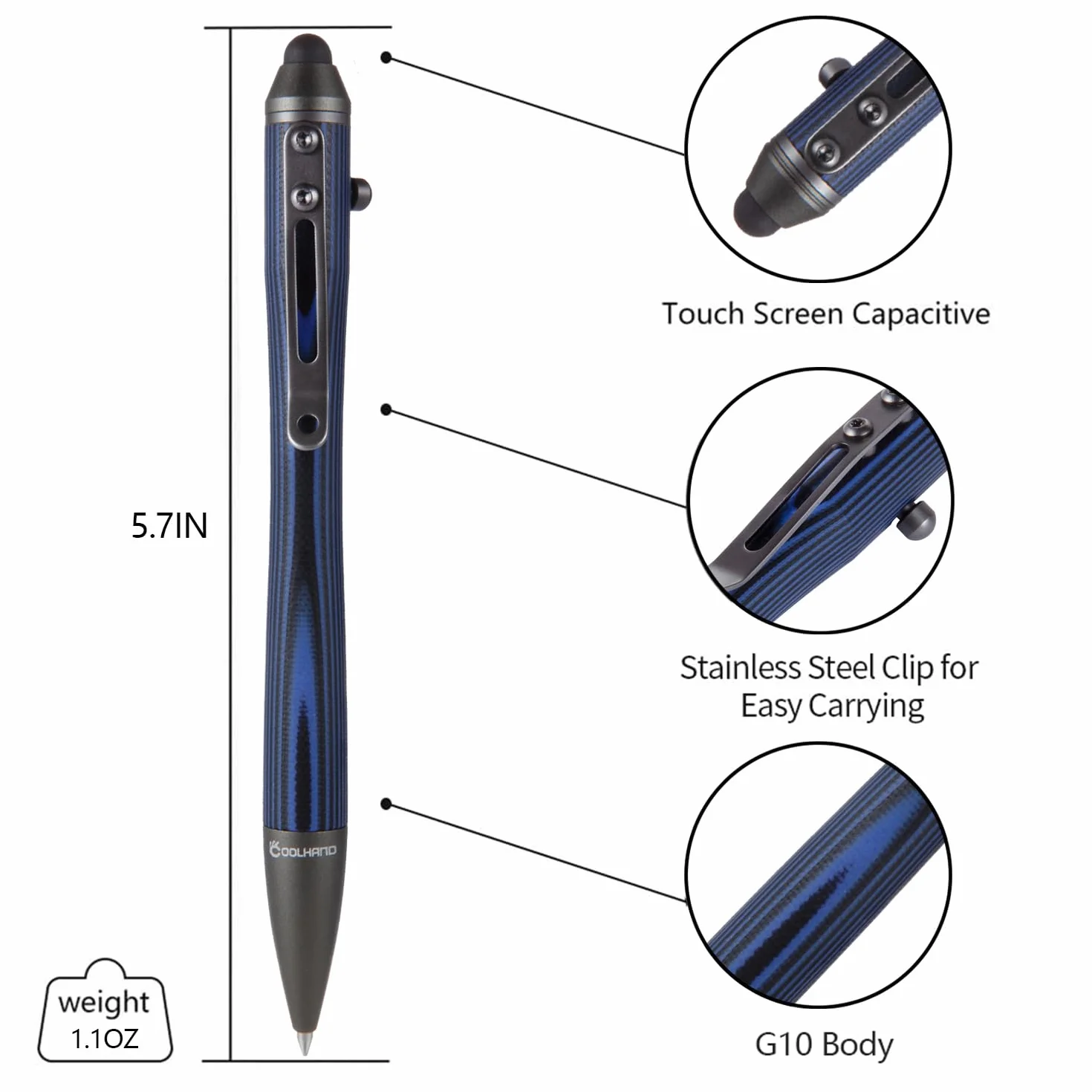 Cool Hand Penne Bolt Action da 5,7", inchiostro a sfera EDC, ricaricabile, stilo per touch screen, corpo G10 con clip da tasca, impugnatura ergonomica, con ricarica gratuita, 5374-N