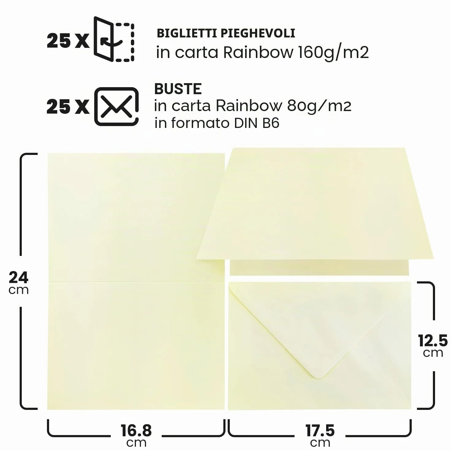 Rainbow Netuno 25 biglietti pieghevoli formato B6 12,5 x 17,5 cm carta colorata crema con buste set creativo