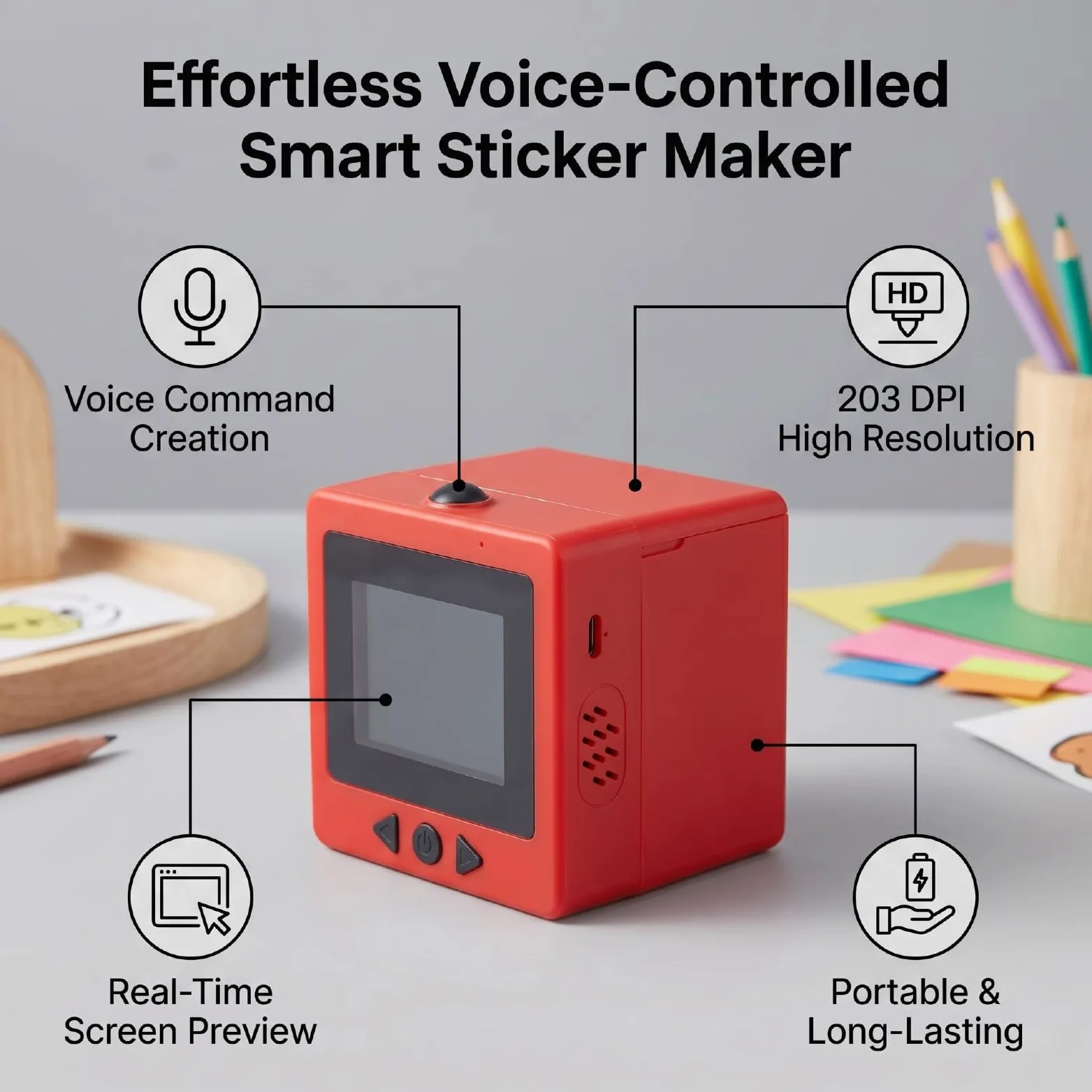 Bewinner Stampante per Adesivi Intelligente AI, Etichettatrice Termica Senza Inchiostro a Controllo Vocale con Schermo da 2,4 Pollici, Macchina da Stampa Wireless Portatile da 203 DPI per (rosso)