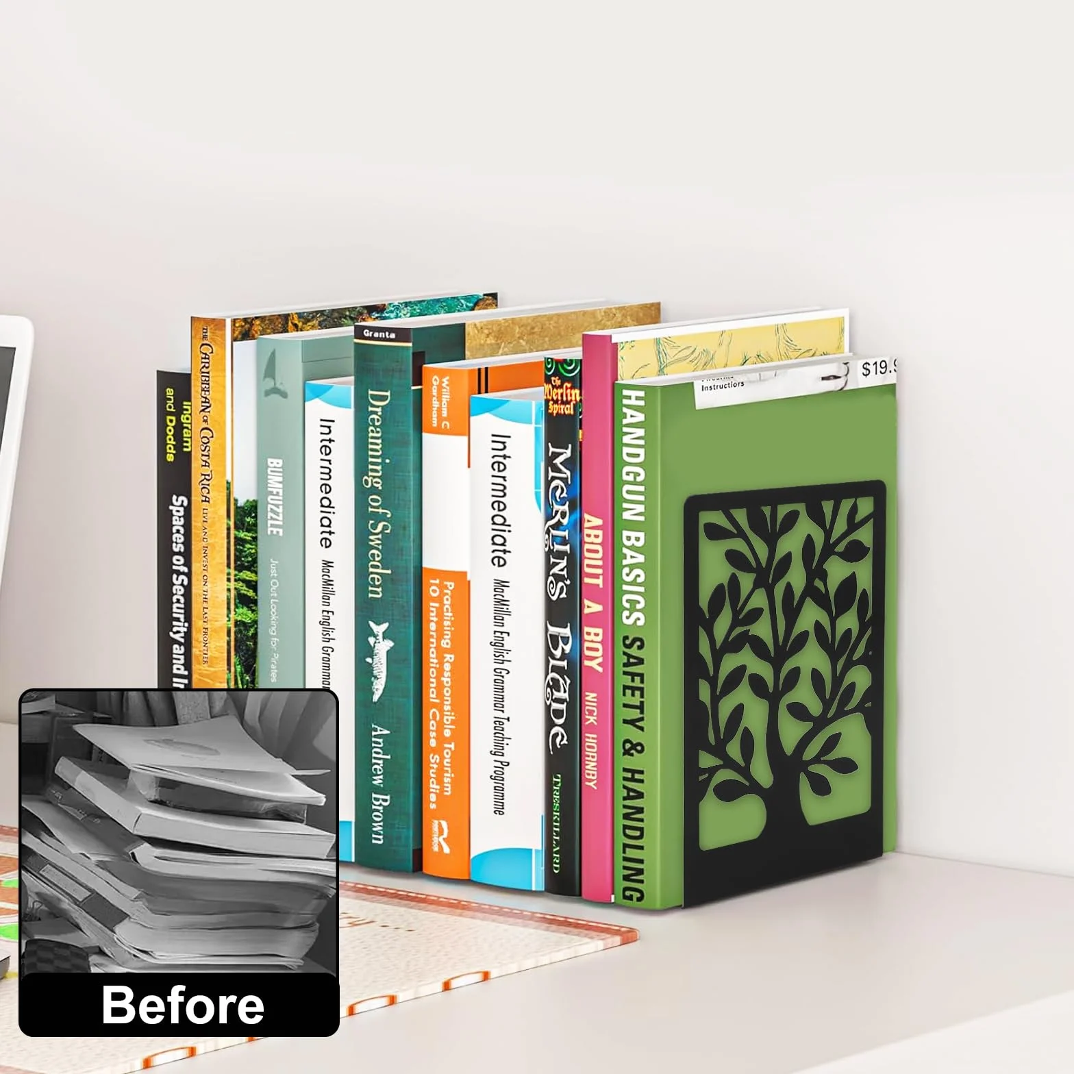 Ferma Libri per Libreria in Metallo Antiscivolo 4 PCS - Regge Libri per Mensole Nero