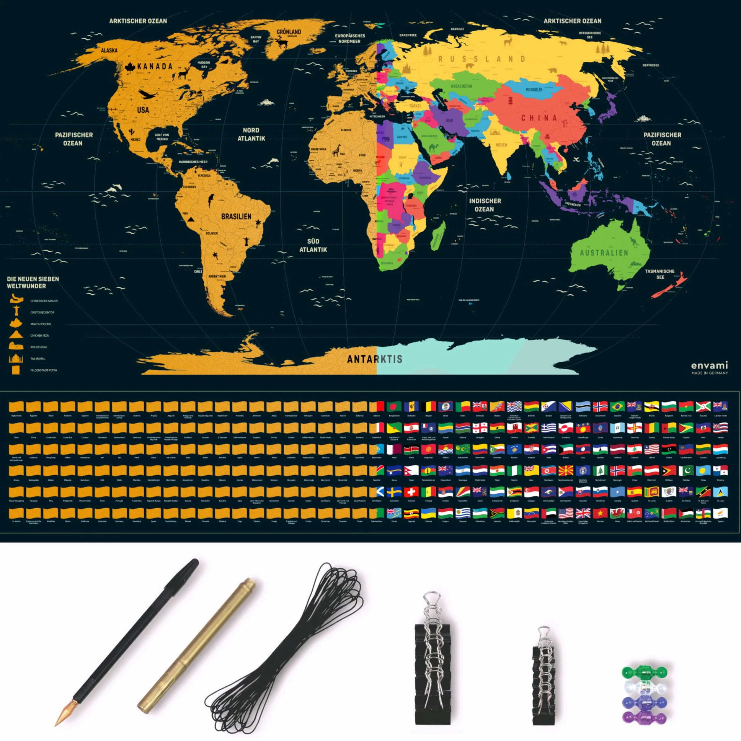 envami® Mappa del mondo da grattare XXL con accessori, in tedesco, 80 x 60 cm, prodotta in Germania, mappa del mondo da grattare, mappa del mondo da grattare
