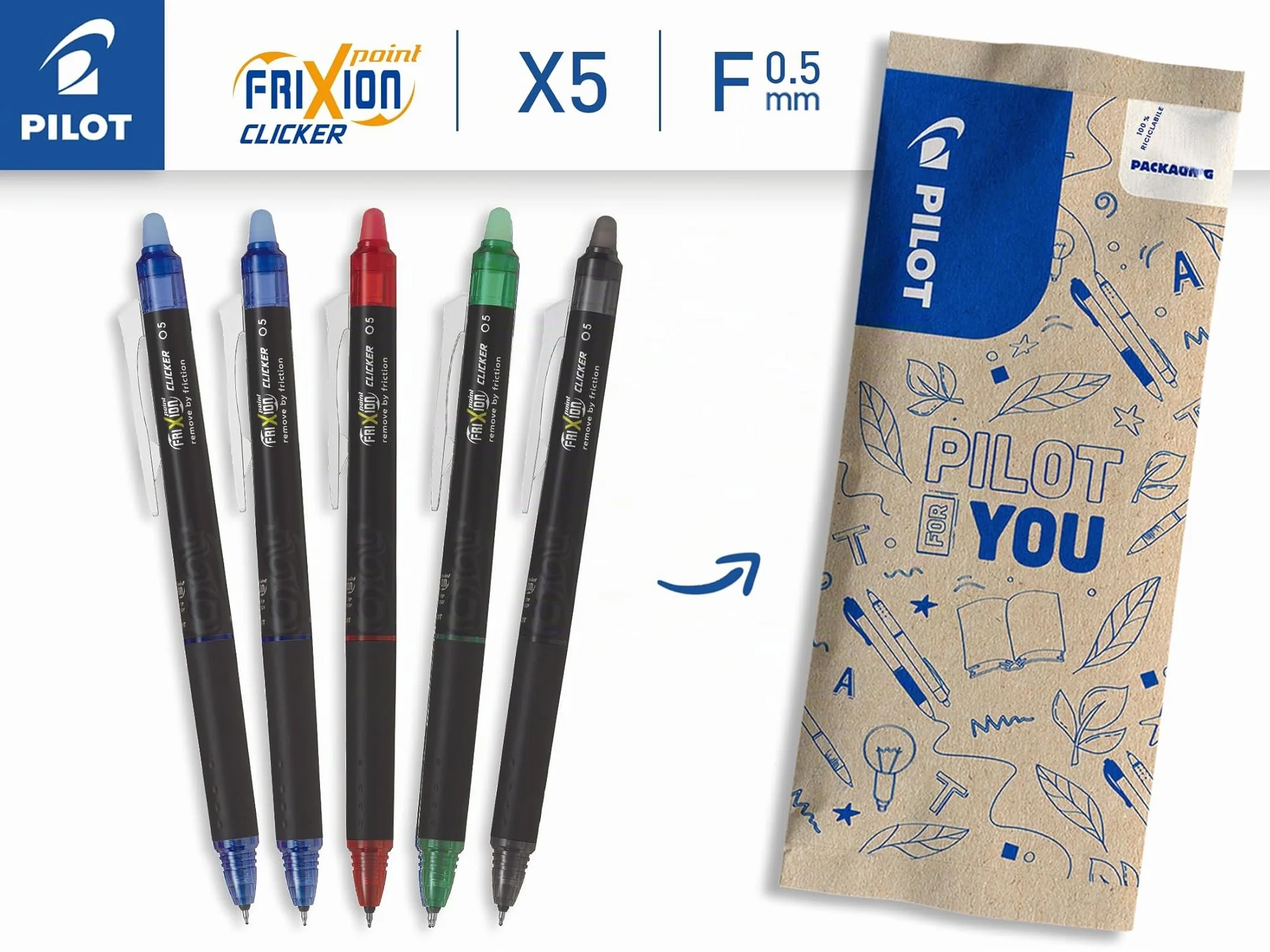 PILOT Set 5 FriXion Point Clicker Penne Cancellabili Gel Roller Ricaricabili Punta Fine