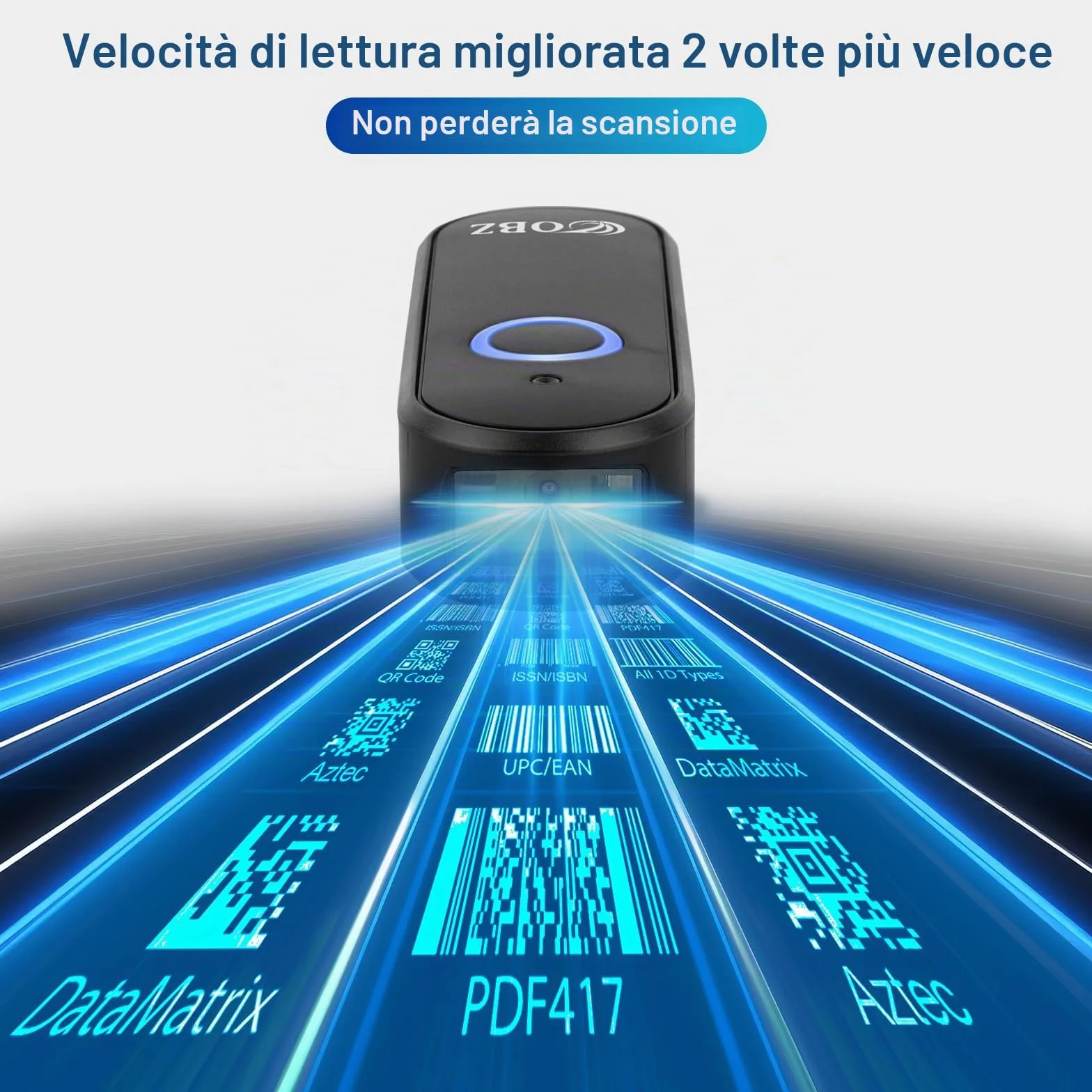 OBZ Mini Lettore Codice a Barre Wireless 1D 2D QR - Lettore Barcode Bluetooth (USB Cablato + 2.4GHz) Scanner Portatile per PC, Android, Mac OS, iOS, Phone