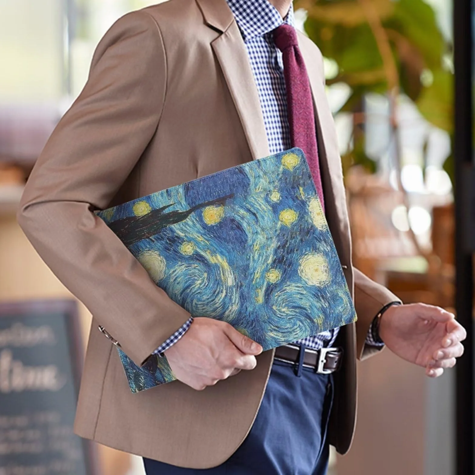 COEQINE Portfolio organizer artistico per donne, uomini e adolescenti, planner in pelle con tasca porta carte per interviste, 30,5 x 22,9 cm, porta biglietti da visita, Van Gogh, blu notte stellata