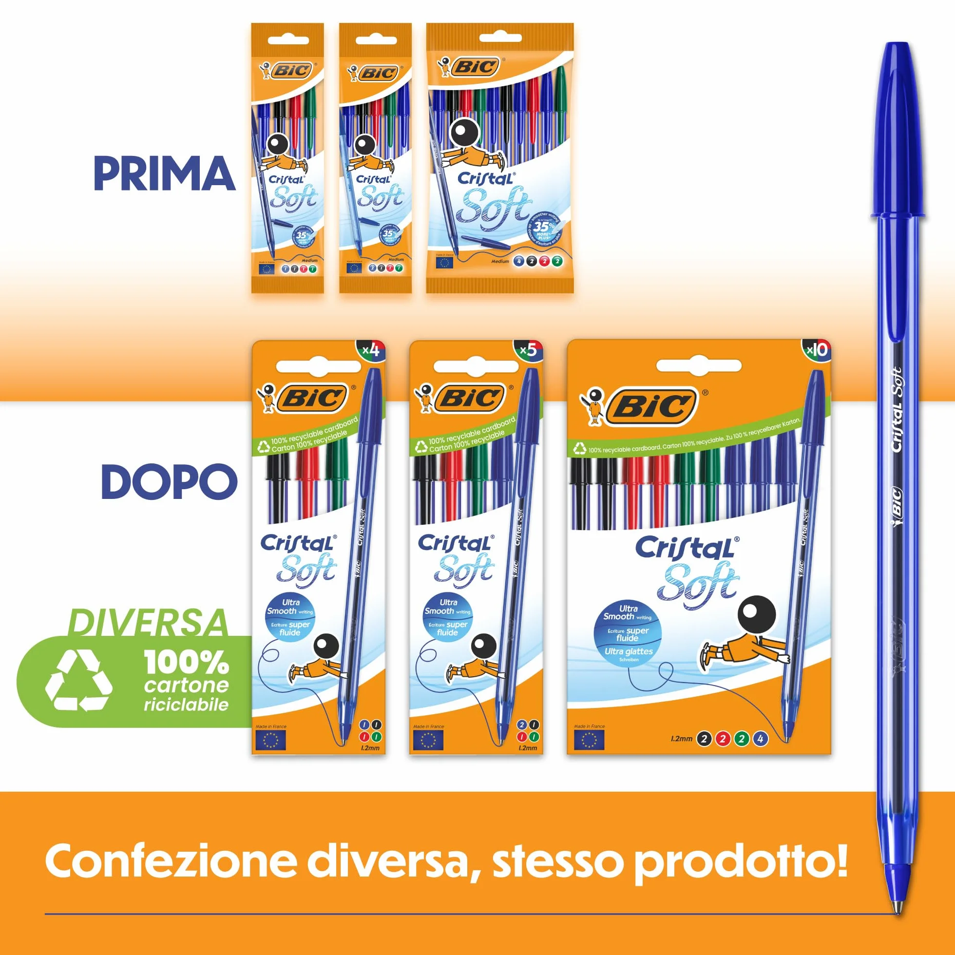 BIC Cristal Soft Penne a Sfera Punta Media 1,2 mm Inchiostro Softline Colori Assortiti Confezione da 10