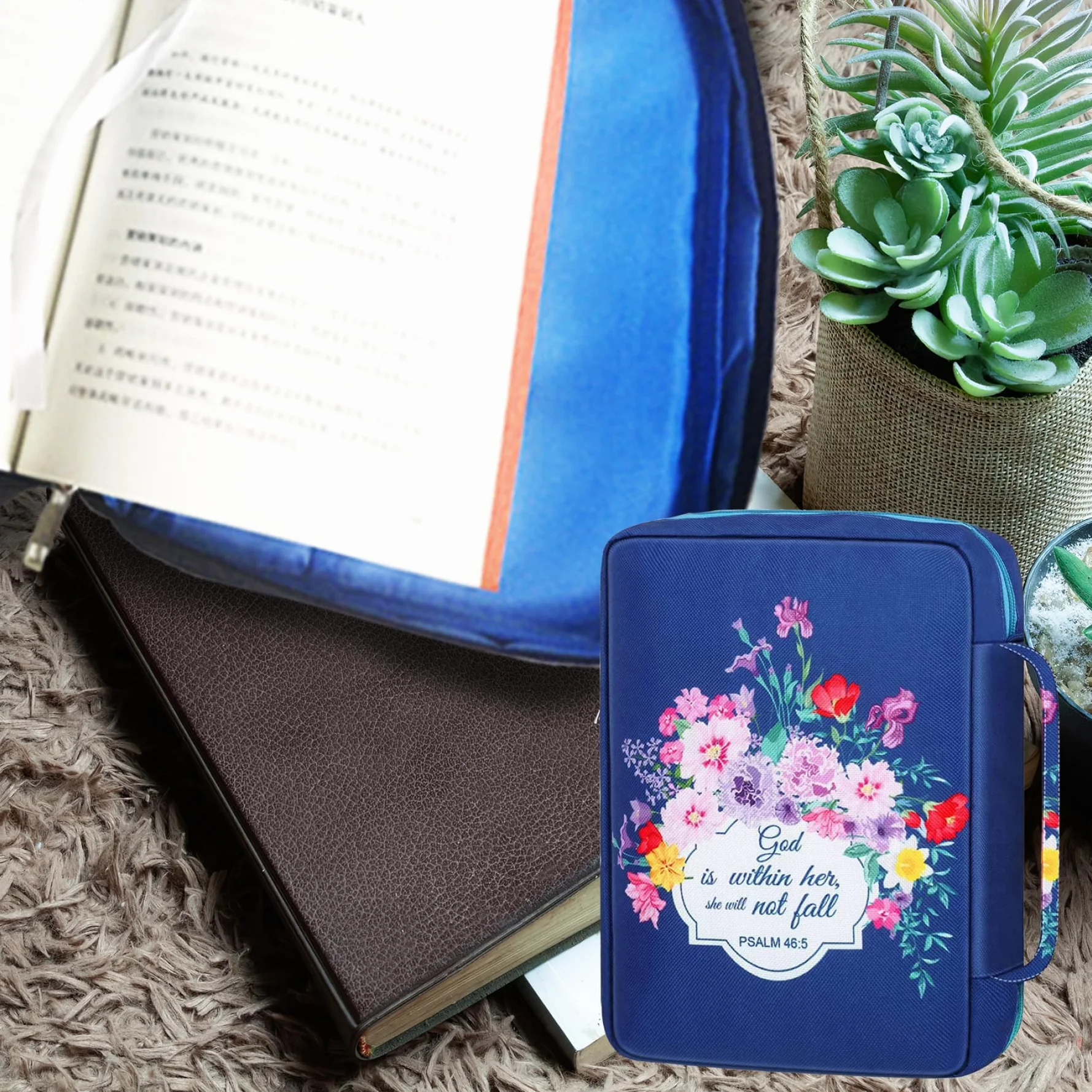Custodia per Bibbia Donna 25,4 x 17,8 cm Oxford Tessuto Cerniera Floreale Blu