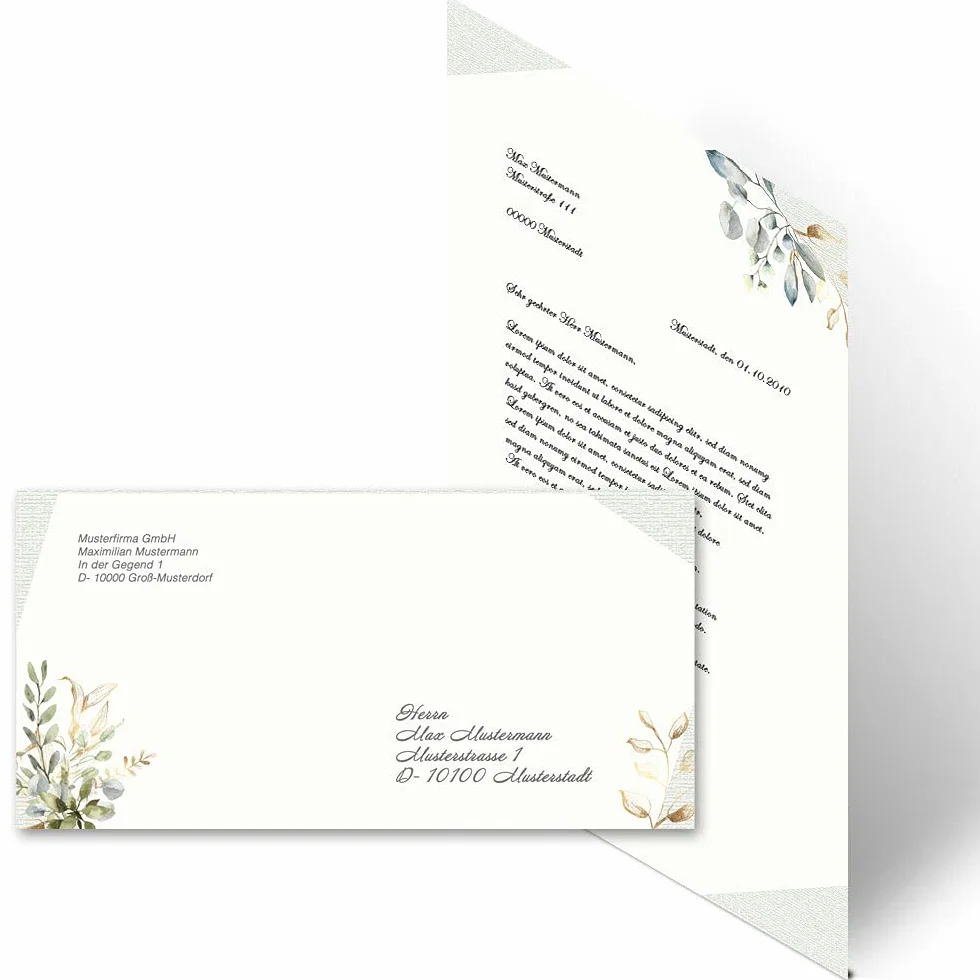 Set completo Fiori & Petali, RAMI VERDI 10 fogli carta da lettera e 10 buste DIN LANG