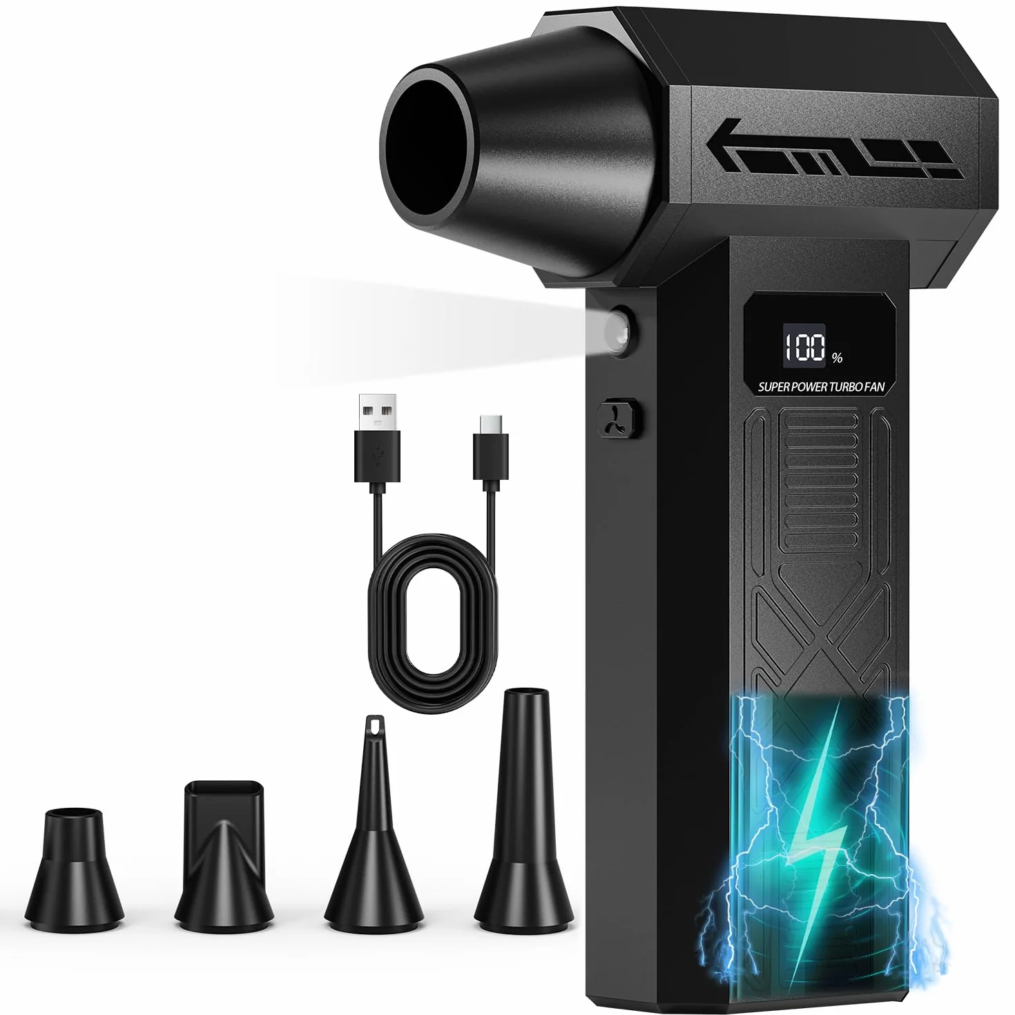 Soffiatore ad aria compressa, 120000 giri/min Mini soffiatore potente senza fili con luce LED, 4 velocità Soffiatore elettrico a batteria per la pulizia di PC, tastiere, mobili e automobili
