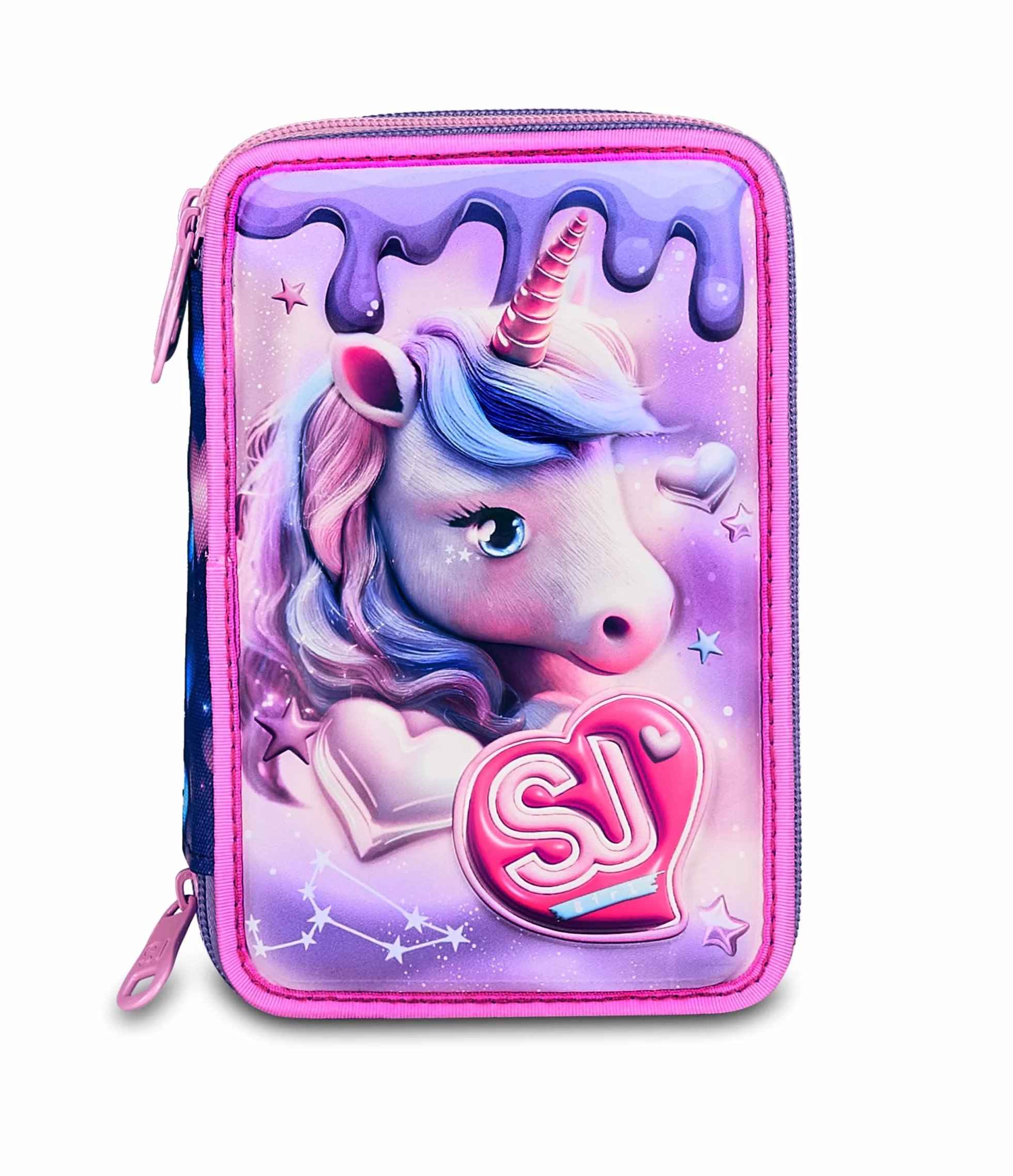 SJ GANG STYLE JAM GANG Astuccio Scuola 3 Zip 3D PIXIE UNICORN, Rosa, Triplo Scomparto, Scocca con unicorno in rilievo, Portapenne Attrezzato, 45 pezzi, Accessori Zaino, Scuola elementare, Bambina