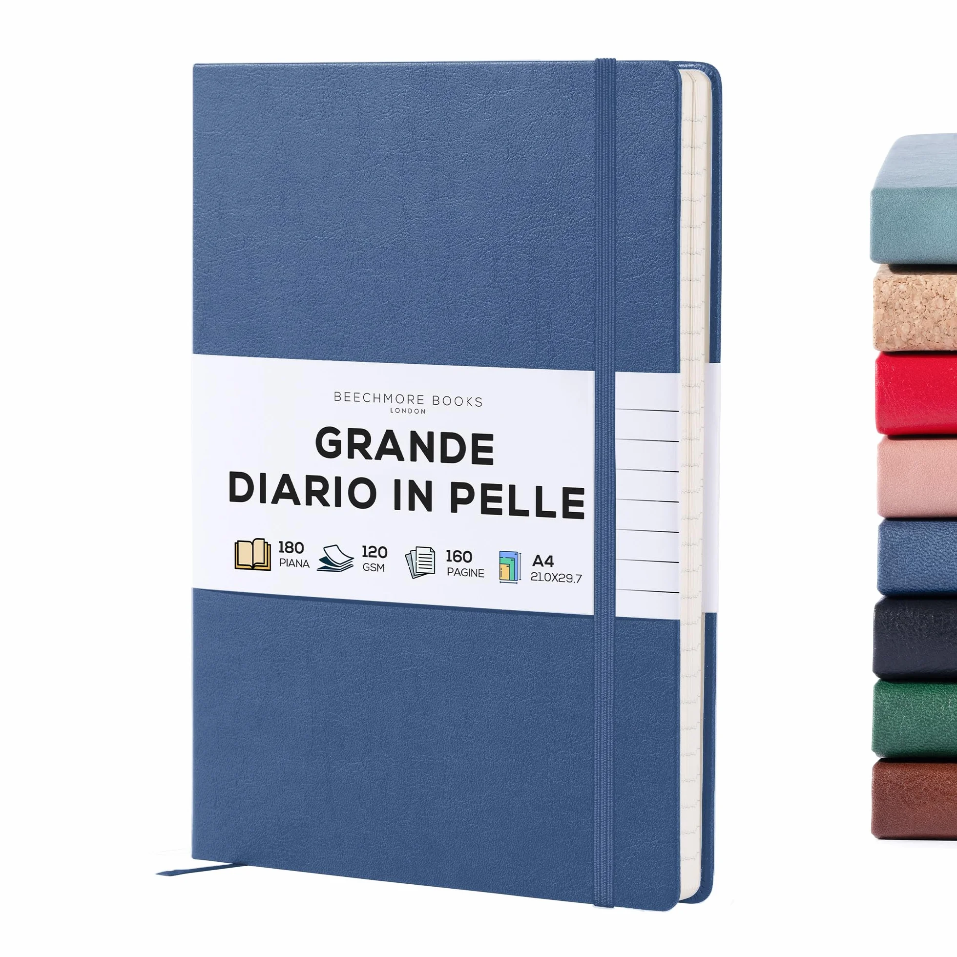 Beechmore Books Taccuino a Righe A4 Blu Navy Diario XL Copertina Rigida Pelle Vegana Carta 120g/m²