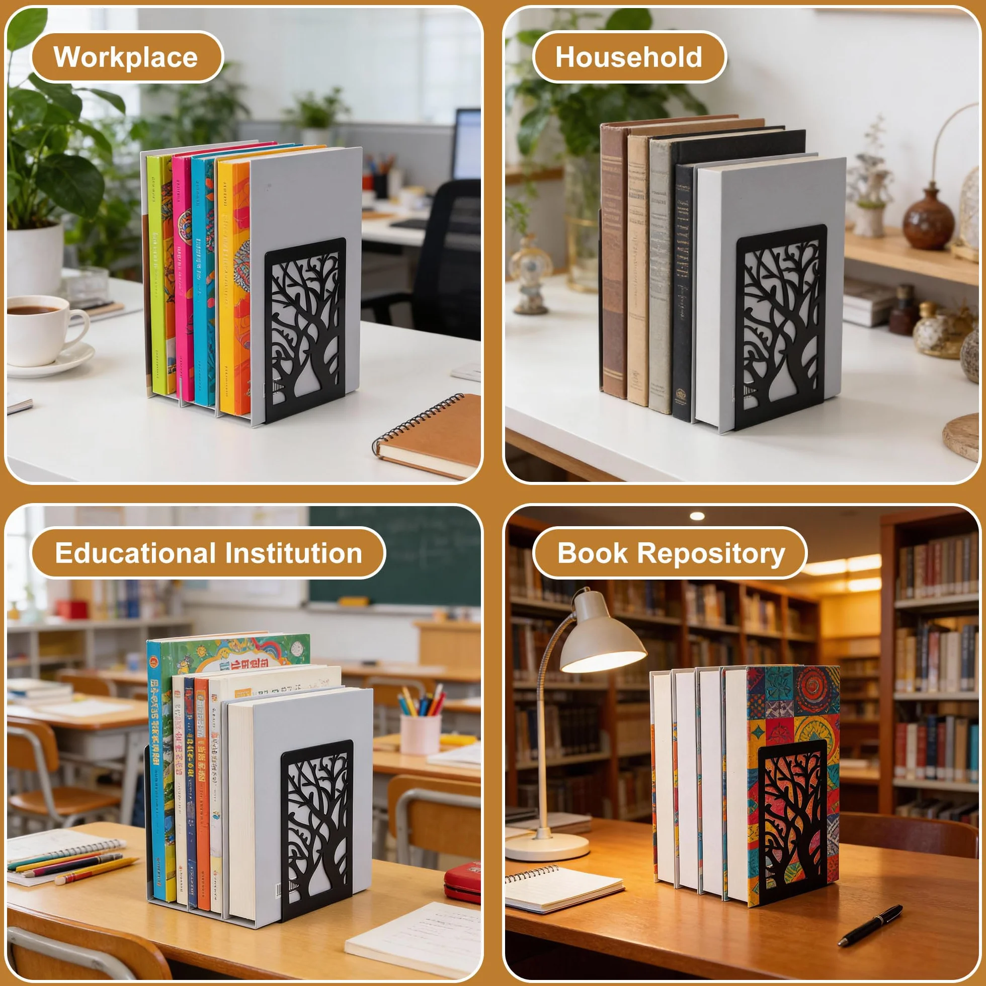 8 Pezzi Fermalibri in Metallo Nero con Base Antiscivolo per Libreria, Scuola e Ufficio